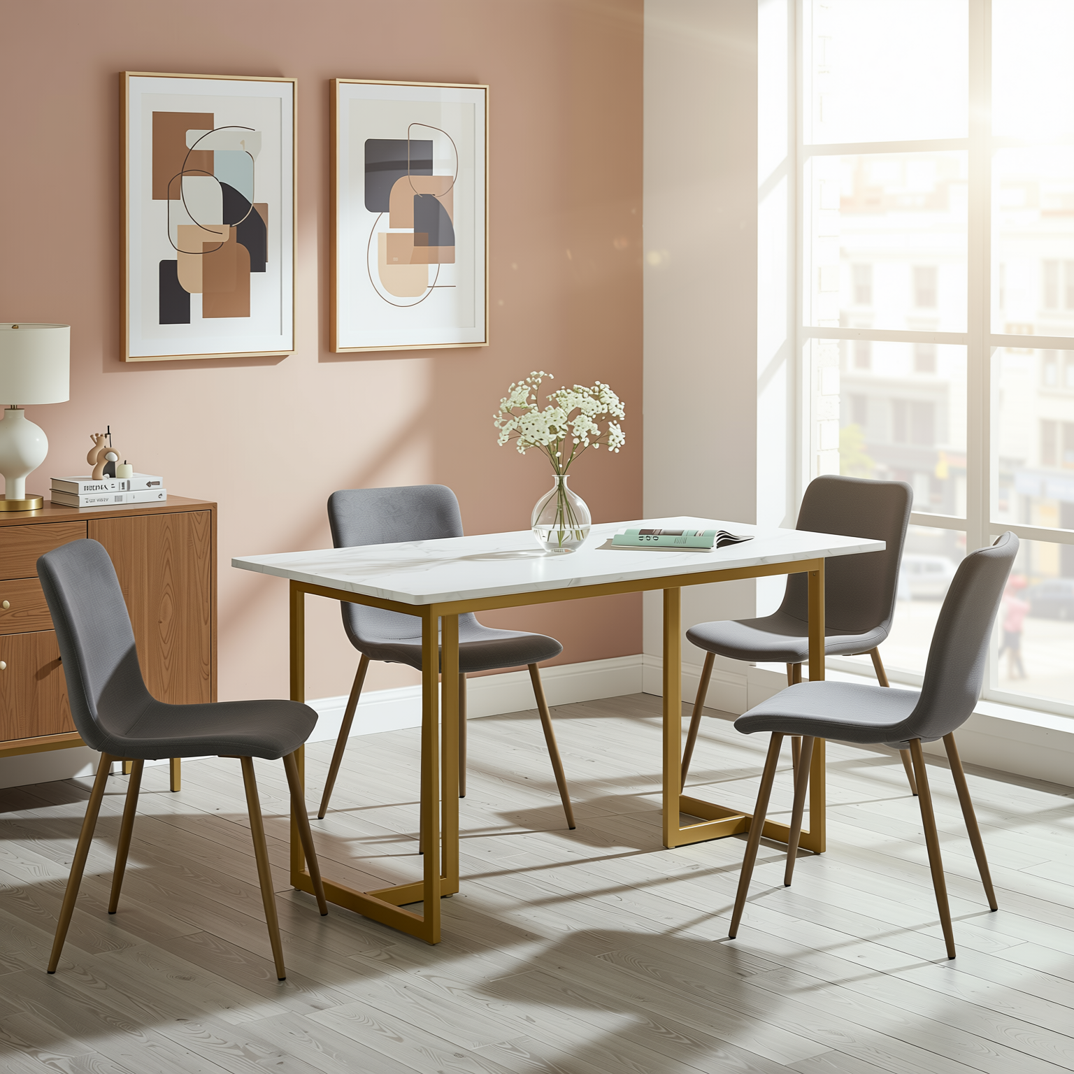 Homy Casa Slip 5PC White Marble Dining Set 55” Table with Golden Base and 4 Scargill Grey Chairs