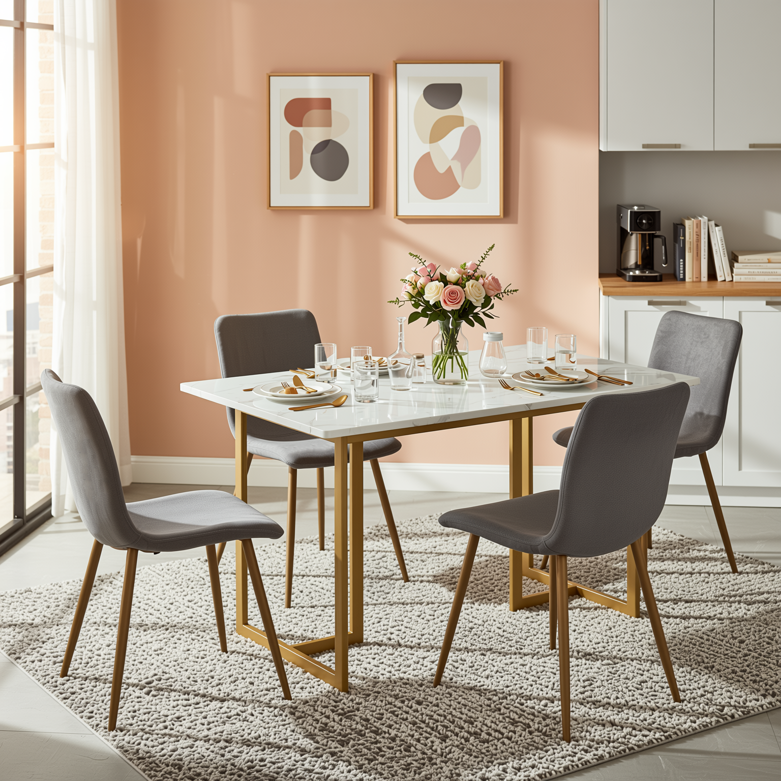 Homy Casa Slip 5PC White Marble Dining Set 55” Table with Golden Base and 4 Scargill Grey Chairs