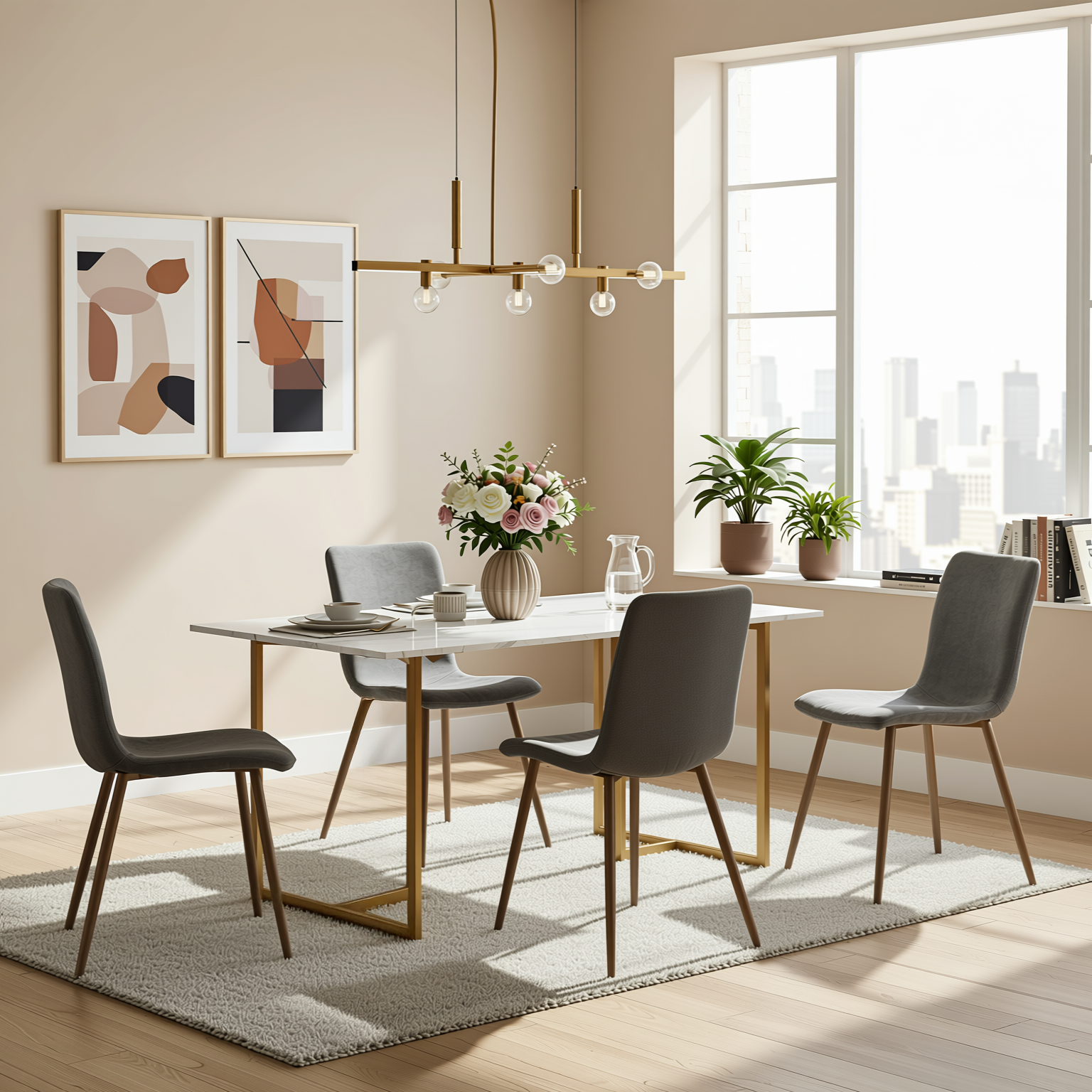 Homy Casa Slip 5PC White Marble Dining Set 55” Table with Golden Base and 4 Scargill Grey Chairs