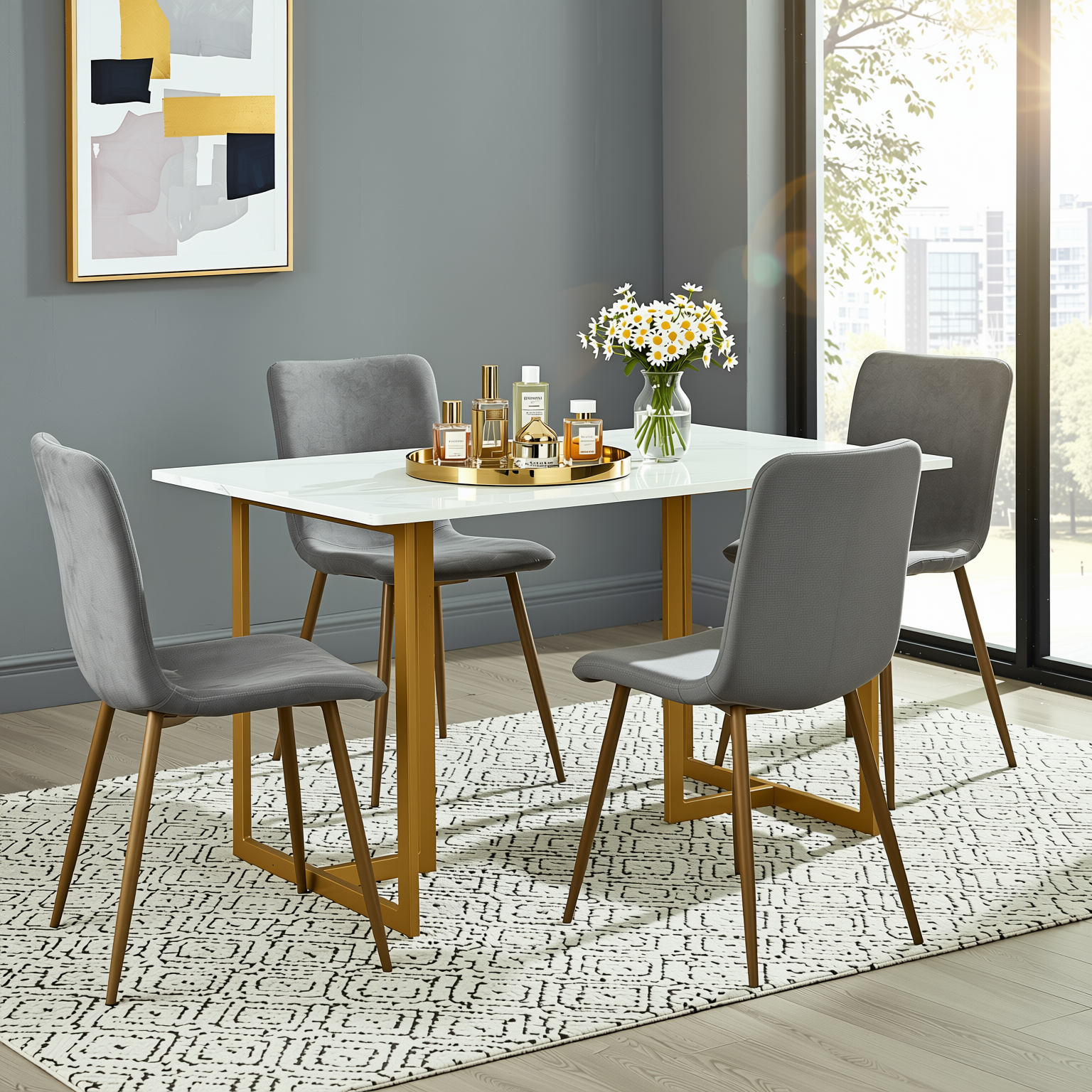 Homy Casa Slip 5PC White Marble Dining Set 55” Table with Golden Base and 4 Scargill Grey Chairs