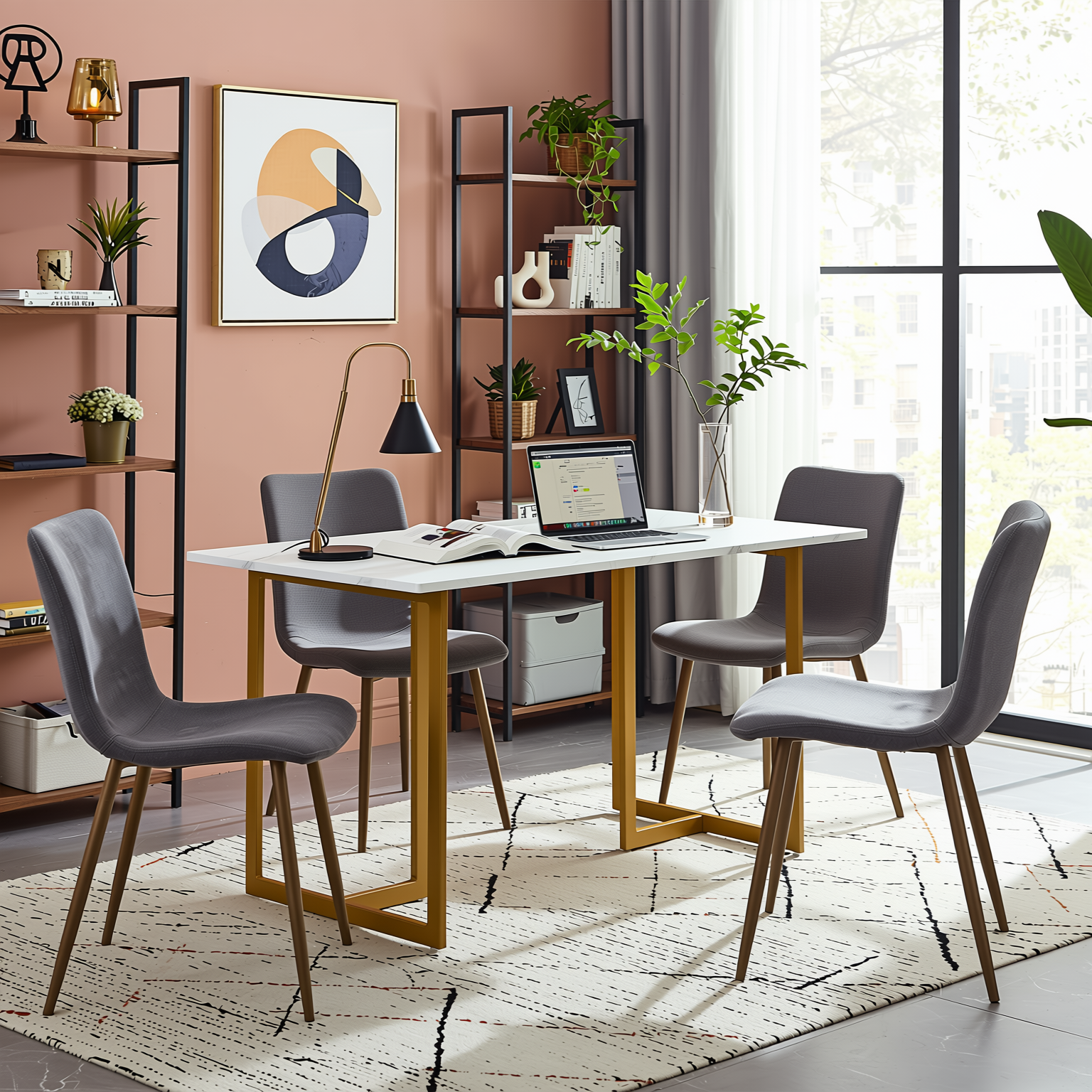 Homy Casa Slip 5PC White Marble Dining Set 55” Table with Golden Base and 4 Scargill Grey Chairs