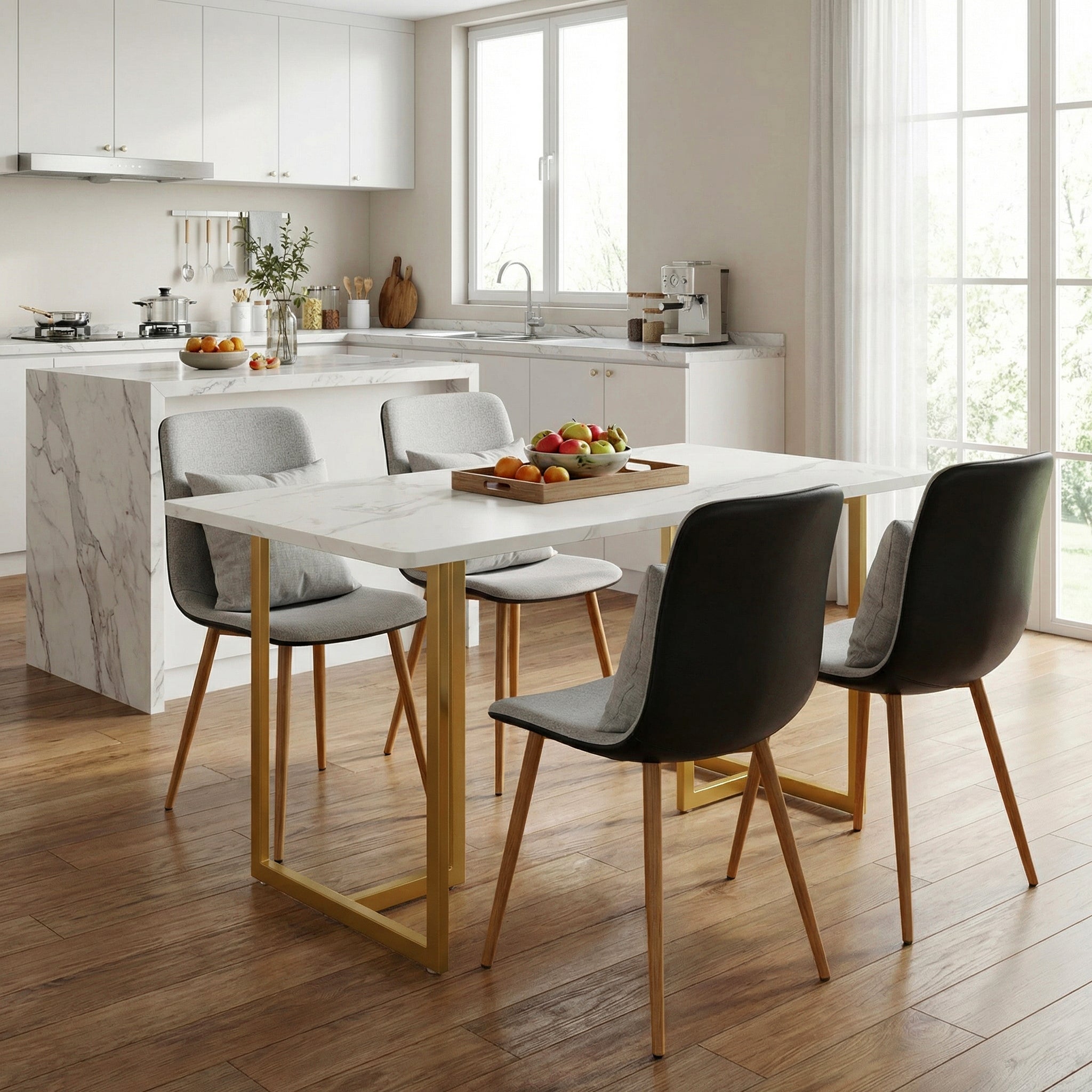Homy Casa Slip 5PC White Marble Dining Set 55” Table in Golden Legs with 4 Scargill Grey Chairs PU back