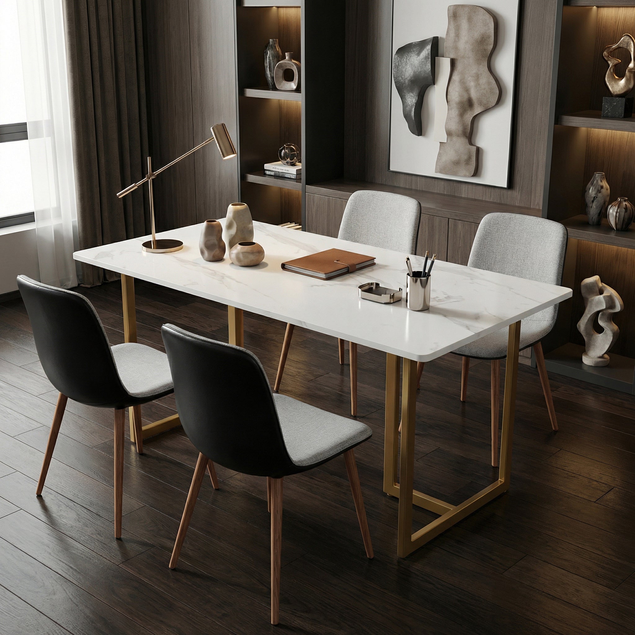 Homy Casa Slip 5PC White Marble Dining Set 55” Table in Golden Legs with 4 Scargill Grey Chairs PU back