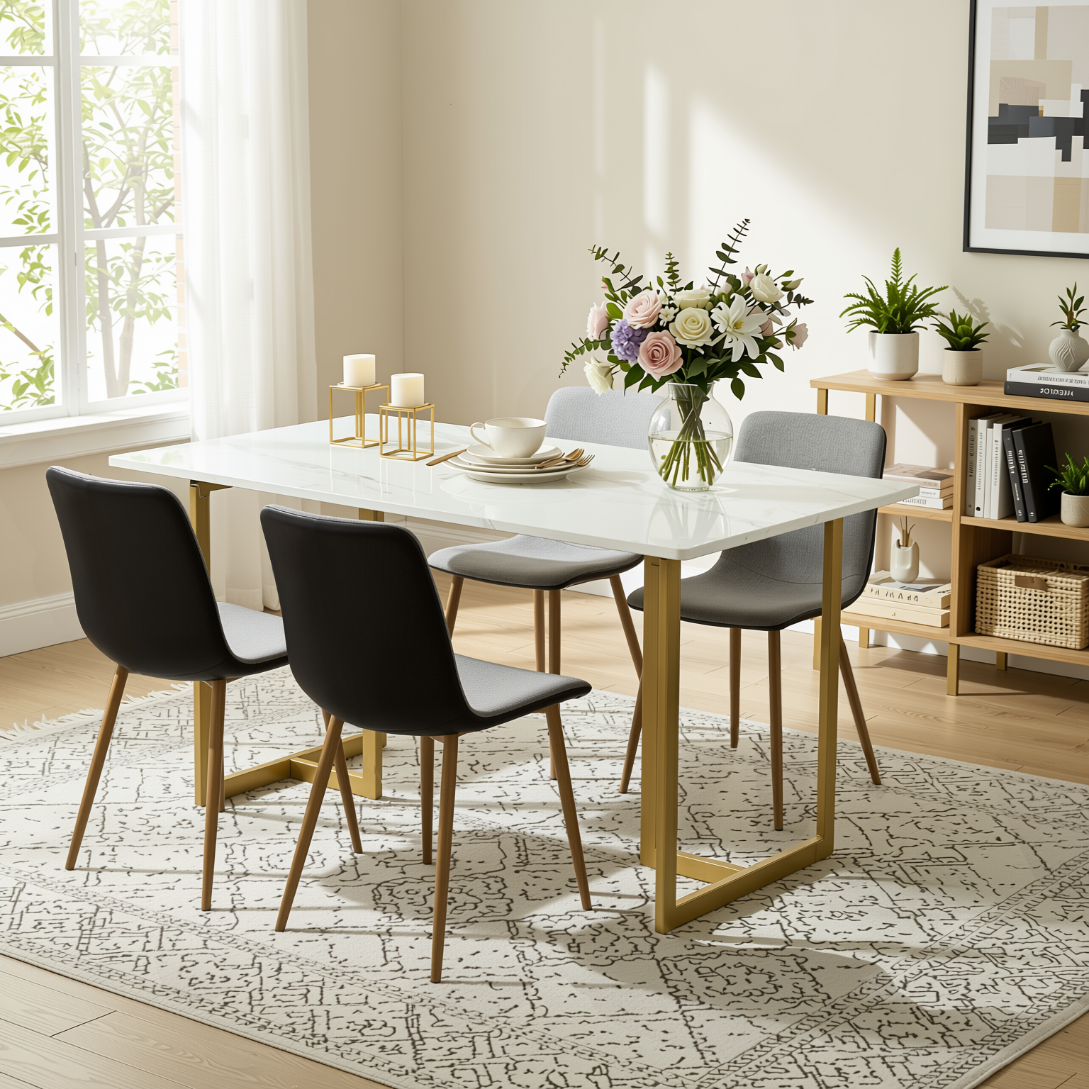 Homy Casa Slip 5PC White Marble Dining Set 55” Table in Golden Legs with 4 Scargill Grey Chairs PU back
