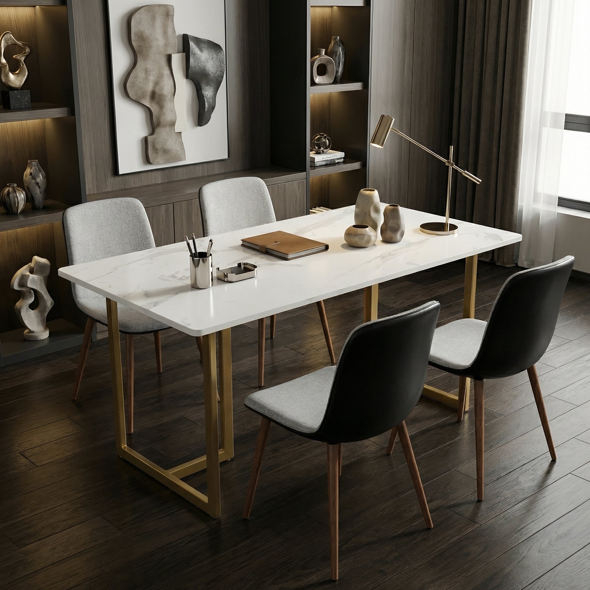 Homy Casa Slip 5PC White Marble Dining Set 55” Table in Golden Legs with 4 Scargill Grey Chairs PU back