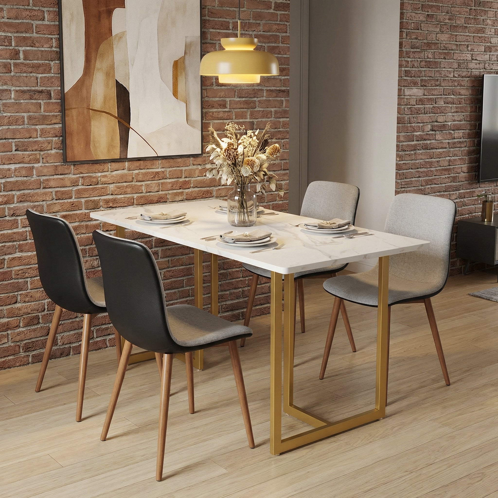 Homy Casa Slip 5PC White Marble Dining Set 55” Table in Golden Legs with 4 Scargill Grey Chairs PU back