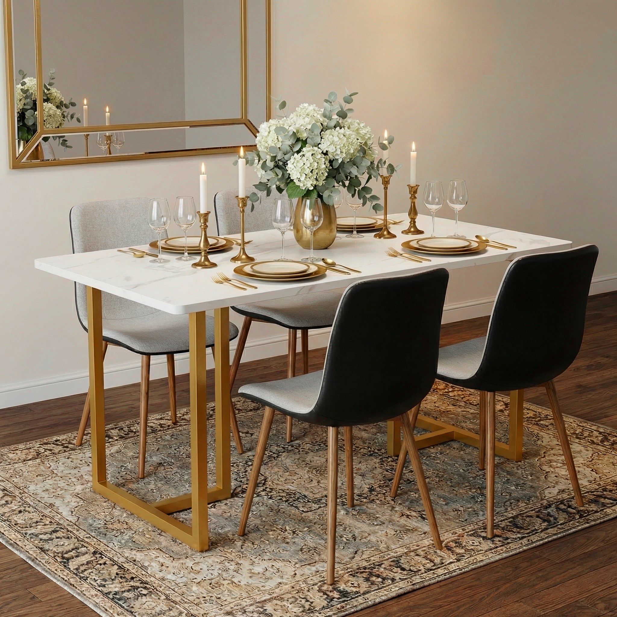 Homy Casa Slip 5PC White Marble Dining Set 55” Table in Golden Legs with 4 Scargill Grey Chairs PU back