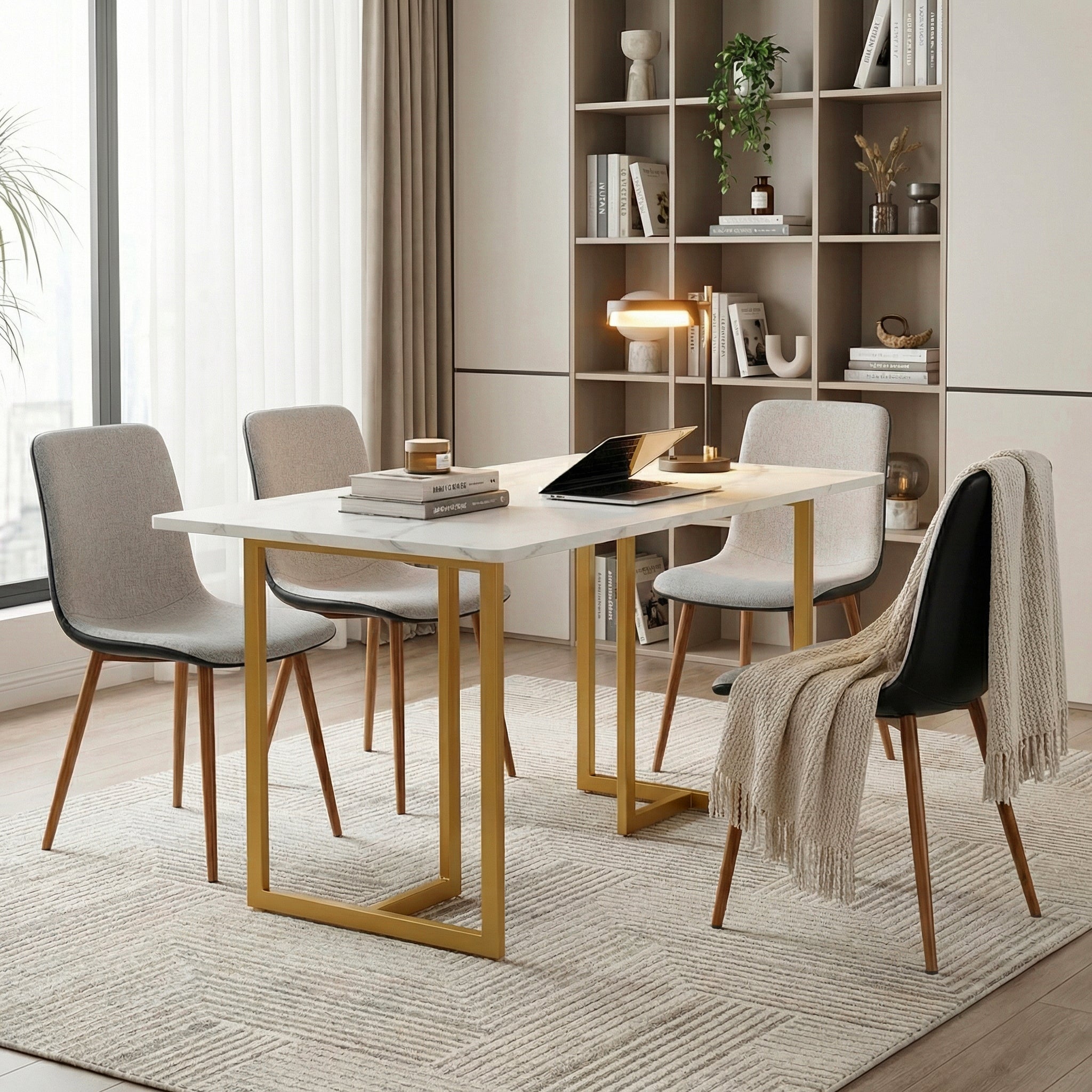 Homy Casa Slip 5PC White Marble Dining Set 55” Table in Golden Legs with 4 Scargill Grey Chairs PU back