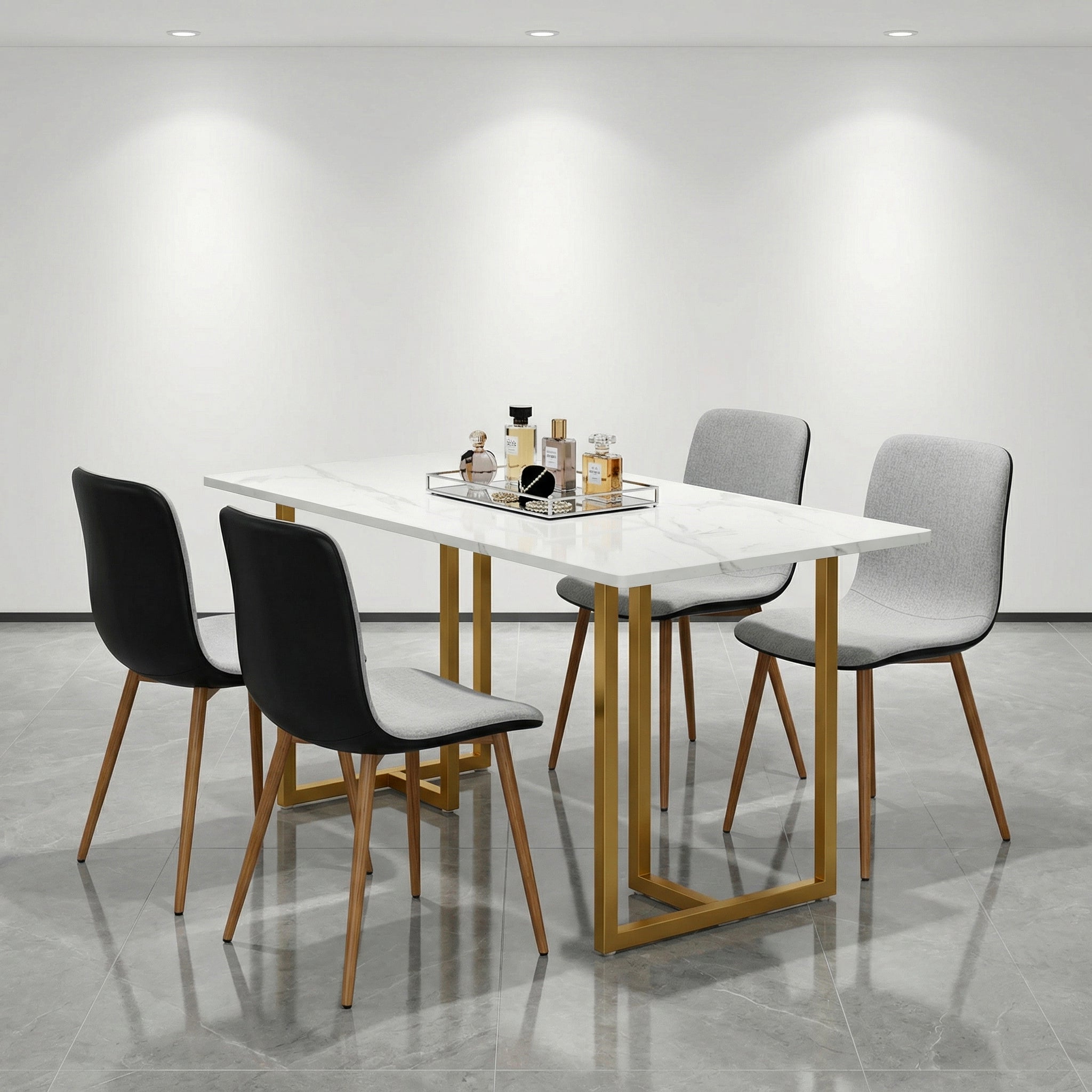 Homy Casa Slip 5PC White Marble Dining Set 55” Table in Golden Legs with 4 Scargill Grey Chairs PU back