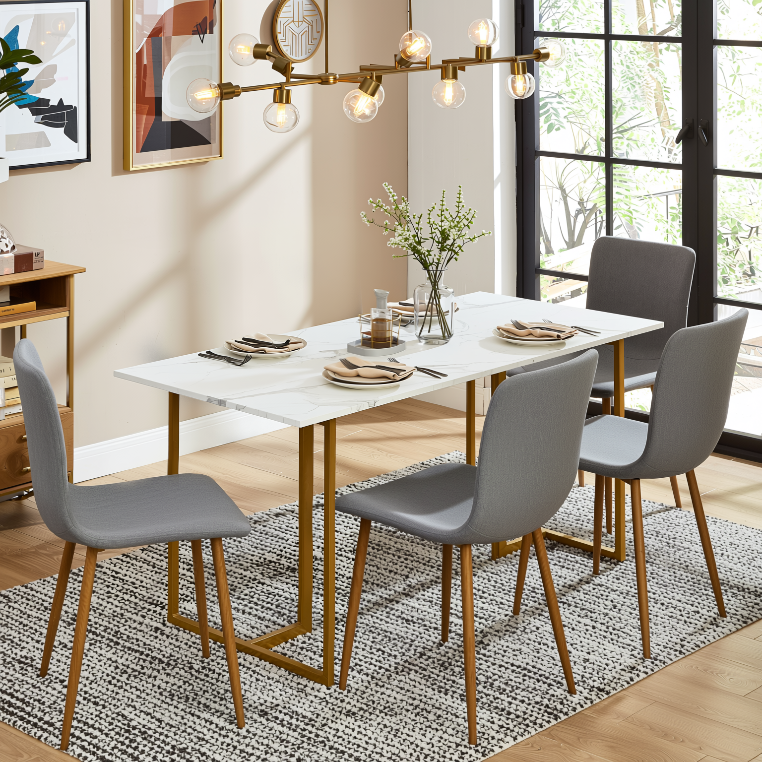 Homy Casa Slip 5PC White Marble Dining Set 55” Table with Golden Base and 4 Scargill Grey Chairs