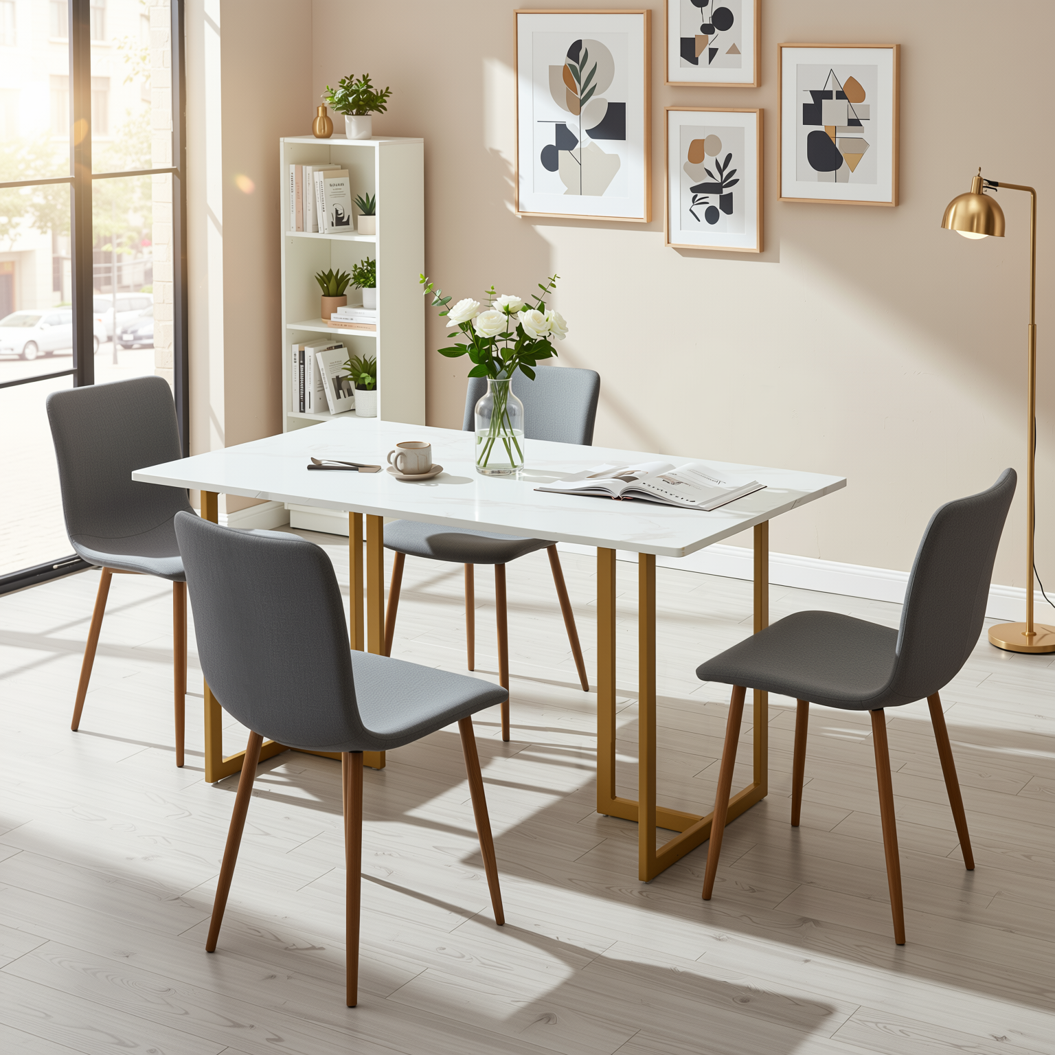 Homy Casa Slip 5PC White Marble Dining Set 55” Table with Golden Base and 4 Scargill Grey Chairs