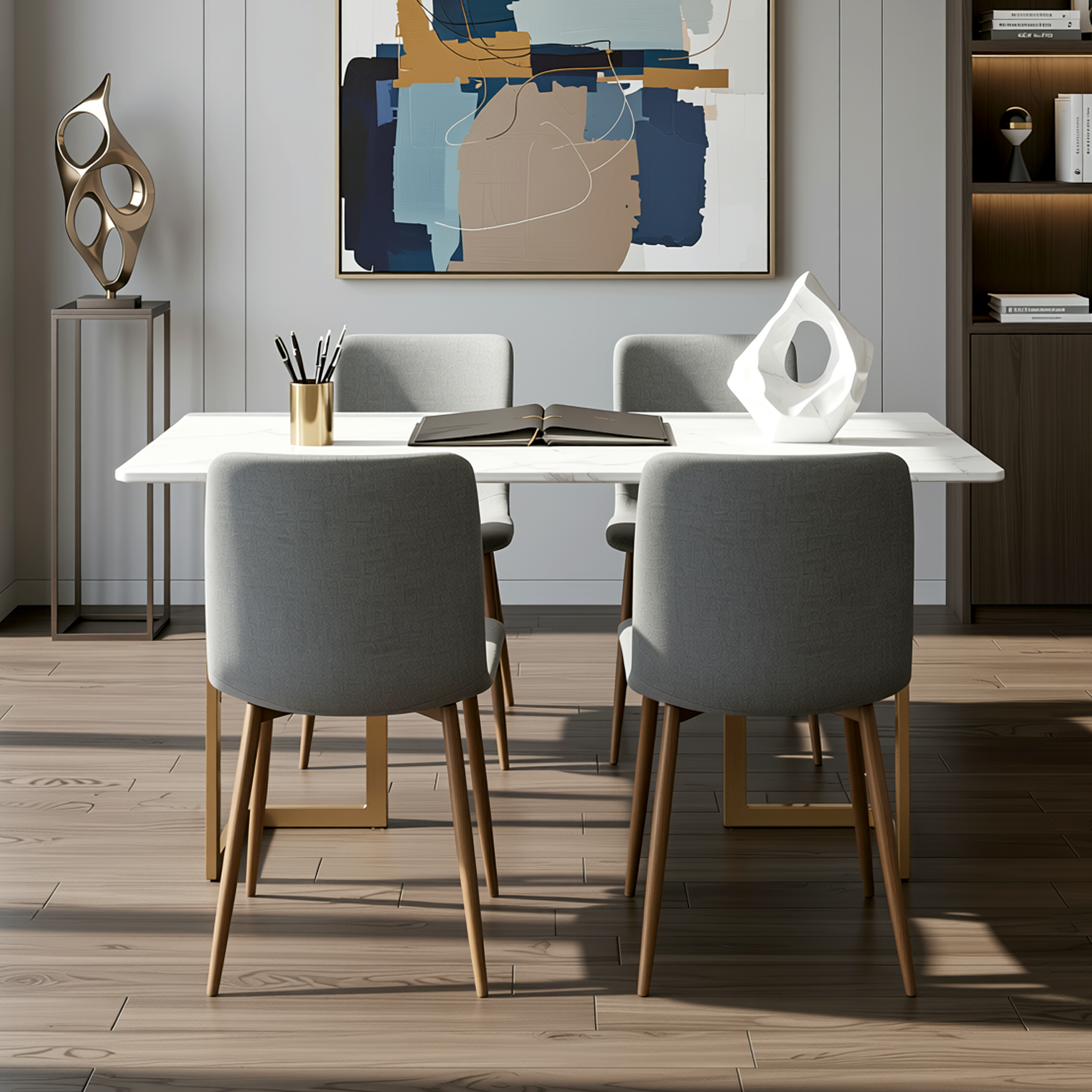 Homy Casa Slip 5PC White Marble Dining Set 55” Table with Golden Base and 4 Scargill Grey Chairs