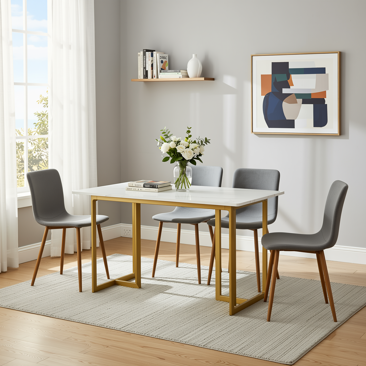 Homy Casa Slip 5PC White Marble Dining Set 55” Table with Golden Base and 4 Scargill Grey Chairs