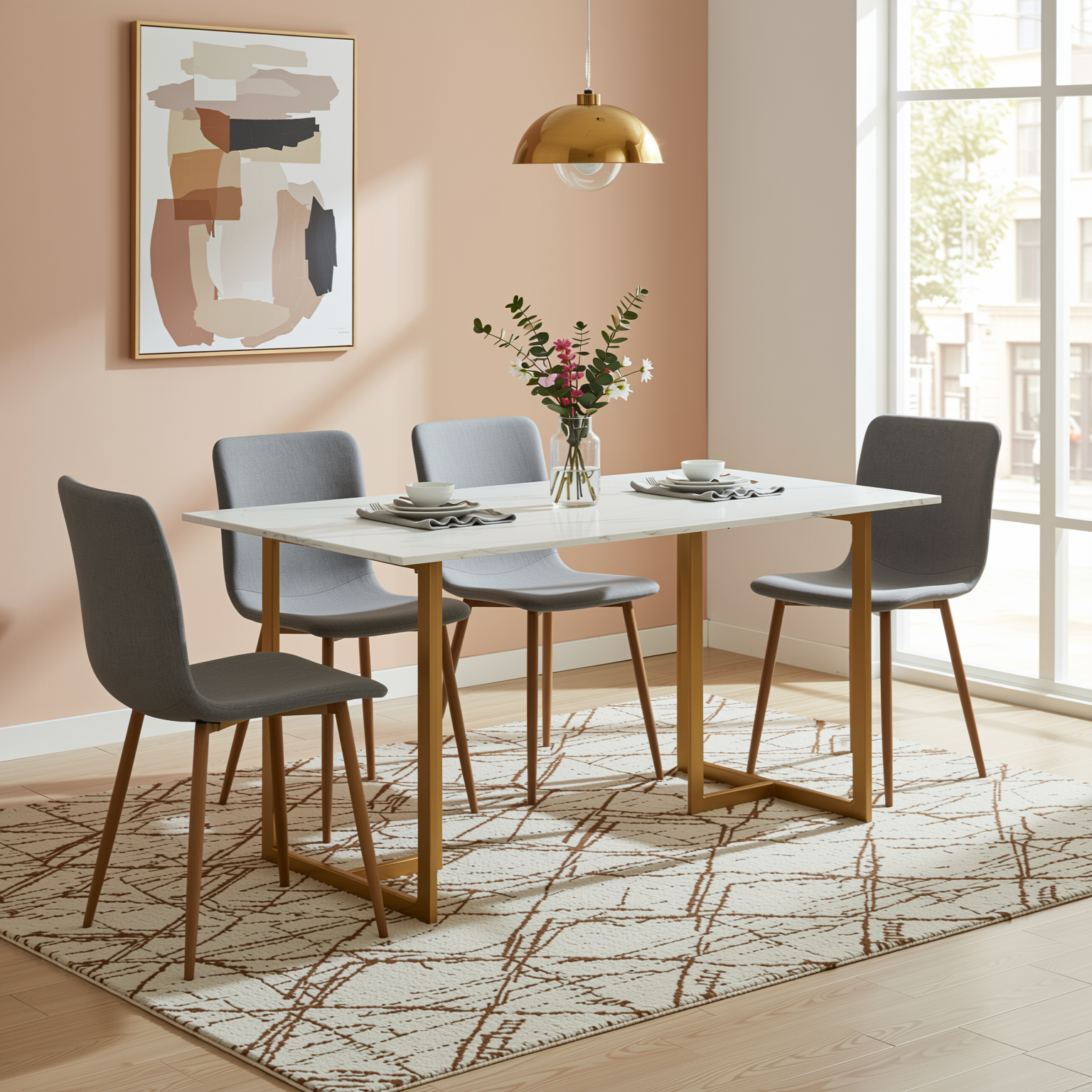Homy Casa Slip 5PC White Marble Dining Set 55” Table with Golden Base and 4 Scargill Grey Chairs