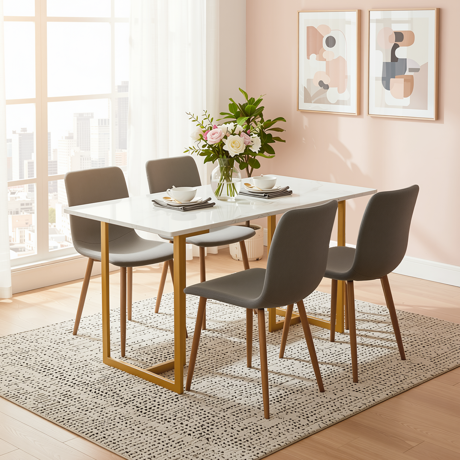 Homy Casa Slip 5PC White Marble Dining Set 55” Table with Golden Base and 4 Scargill Grey Chairs