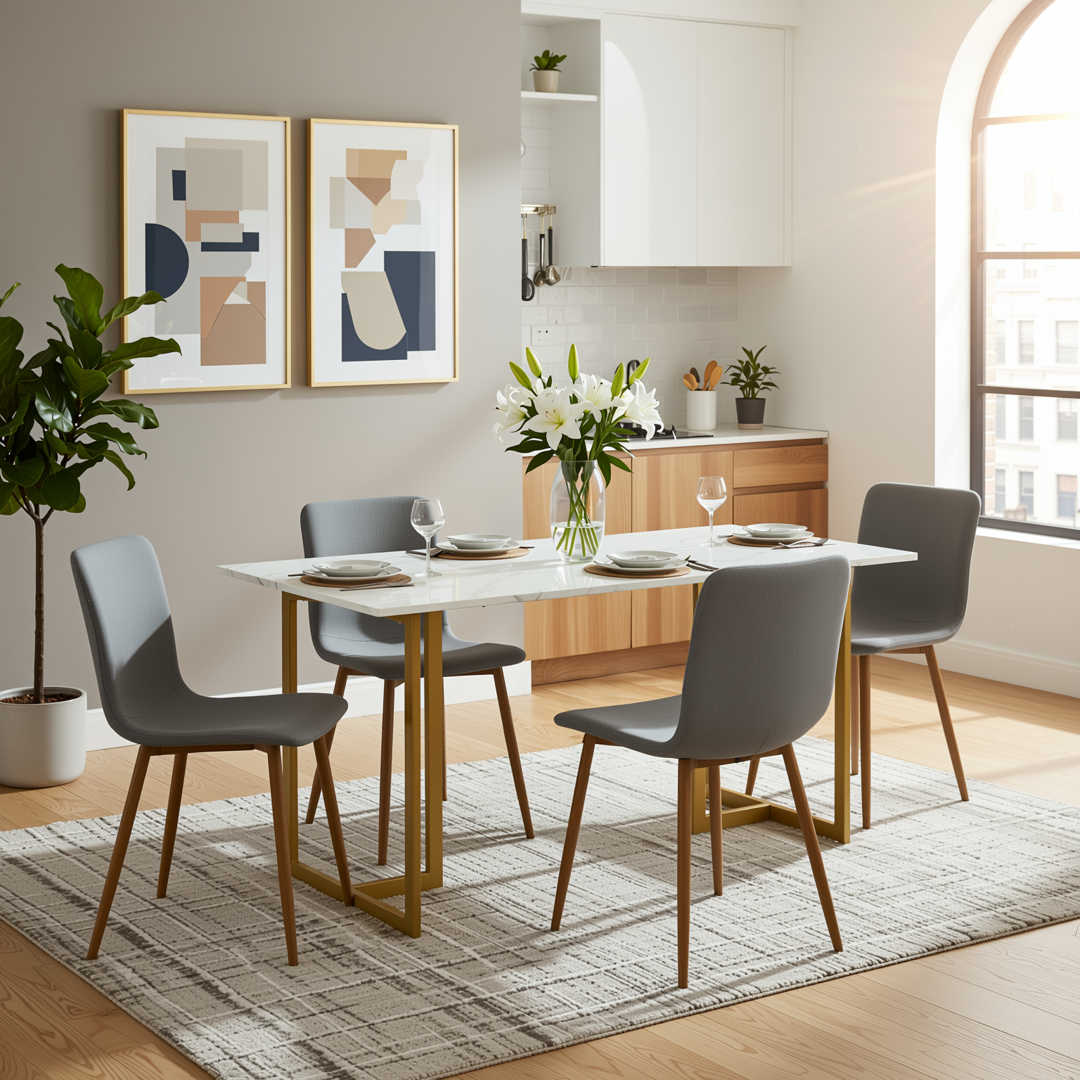 Homy Casa Slip 5PC White Marble Dining Set 55” Table with Golden Base and 4 Scargill Grey Chairs