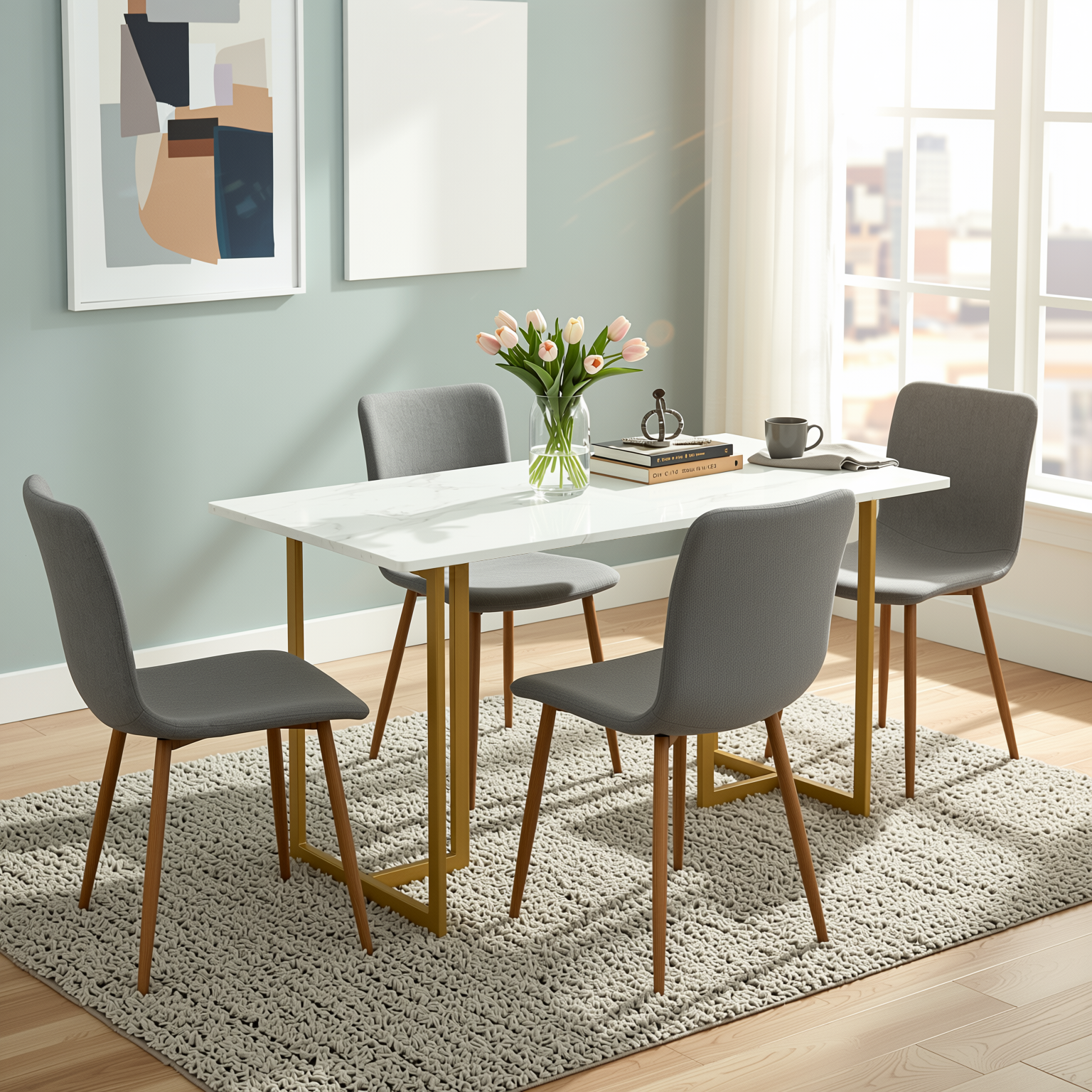 Homy Casa Slip 5PC White Marble Dining Set 55” Table with Golden Base and 4 Scargill Grey Chairs