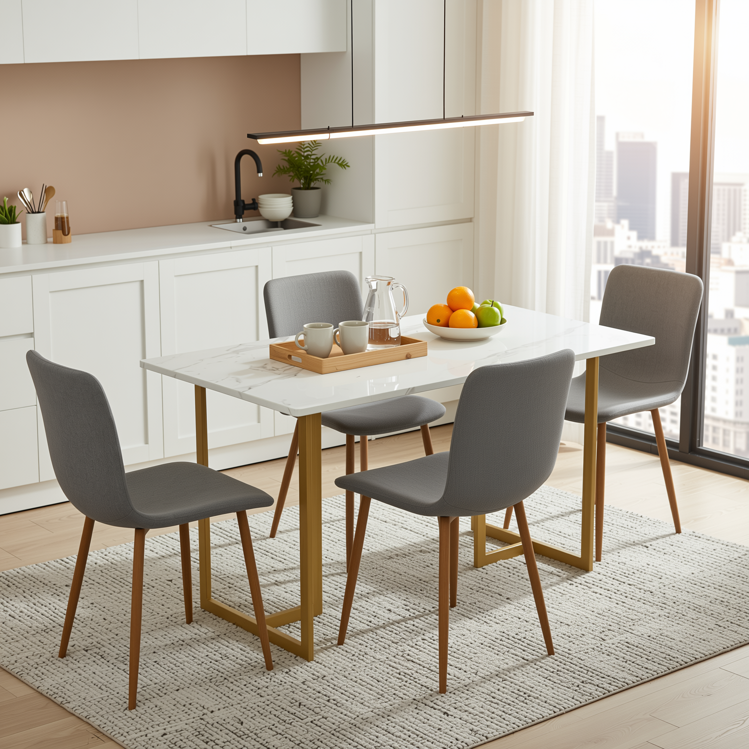 Homy Casa Slip 5PC White Marble Dining Set 55” Table with Golden Base and 4 Scargill Grey Chairs