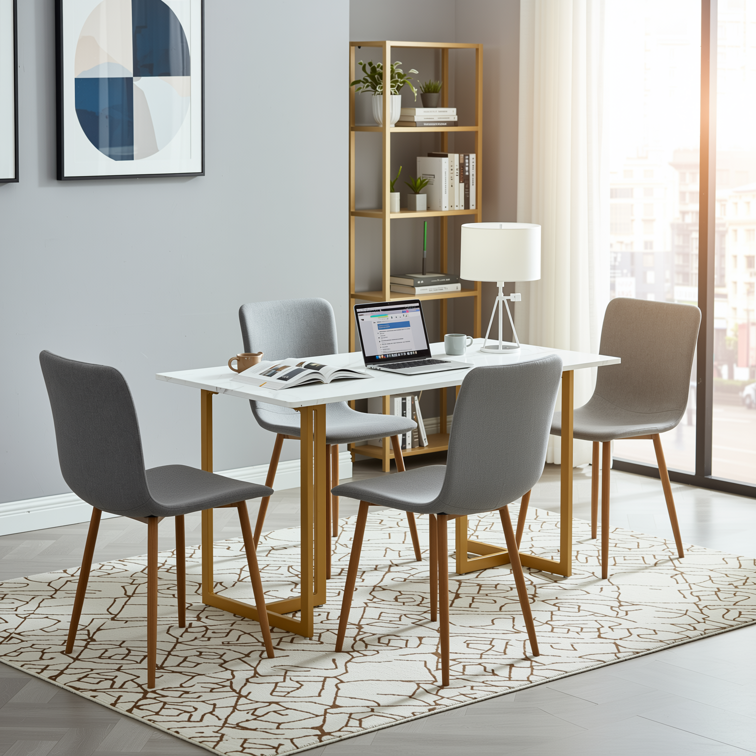 Homy Casa Slip 5PC White Marble Dining Set 55” Table with Golden Base and 4 Scargill Grey Chairs