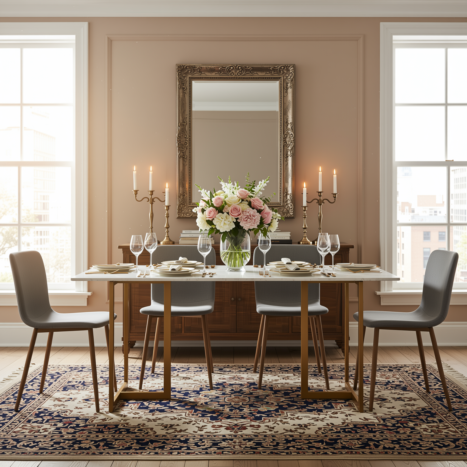 Homy Casa Slip 5PC White Marble Dining Set 55” Table with Golden Base and 4 Scargill Grey Chairs