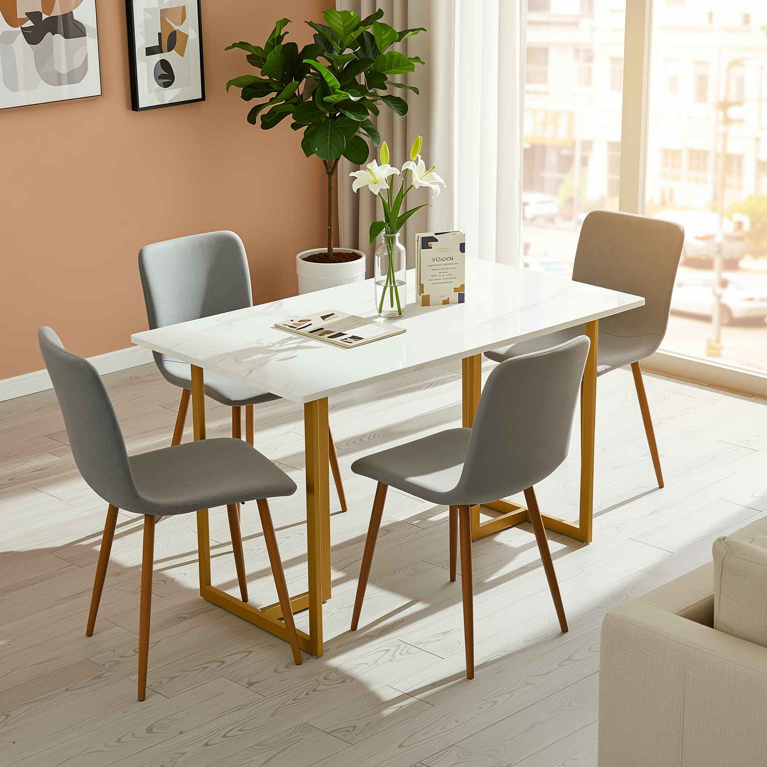 Homy Casa Slip 5PC White Marble Dining Set 55” Table with Golden Base and 4 Scargill Grey Chairs