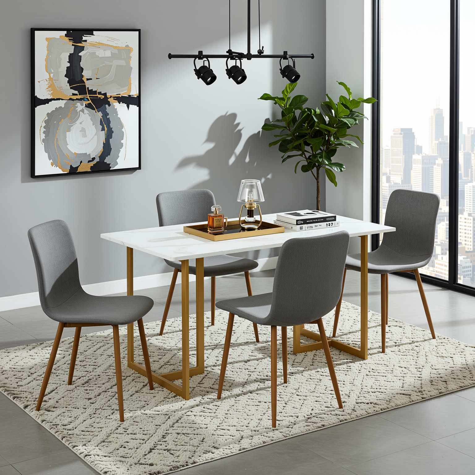 Homy Casa Slip 5PC White Marble Dining Set 55” Table with Golden Base and 4 Scargill Grey Chairs