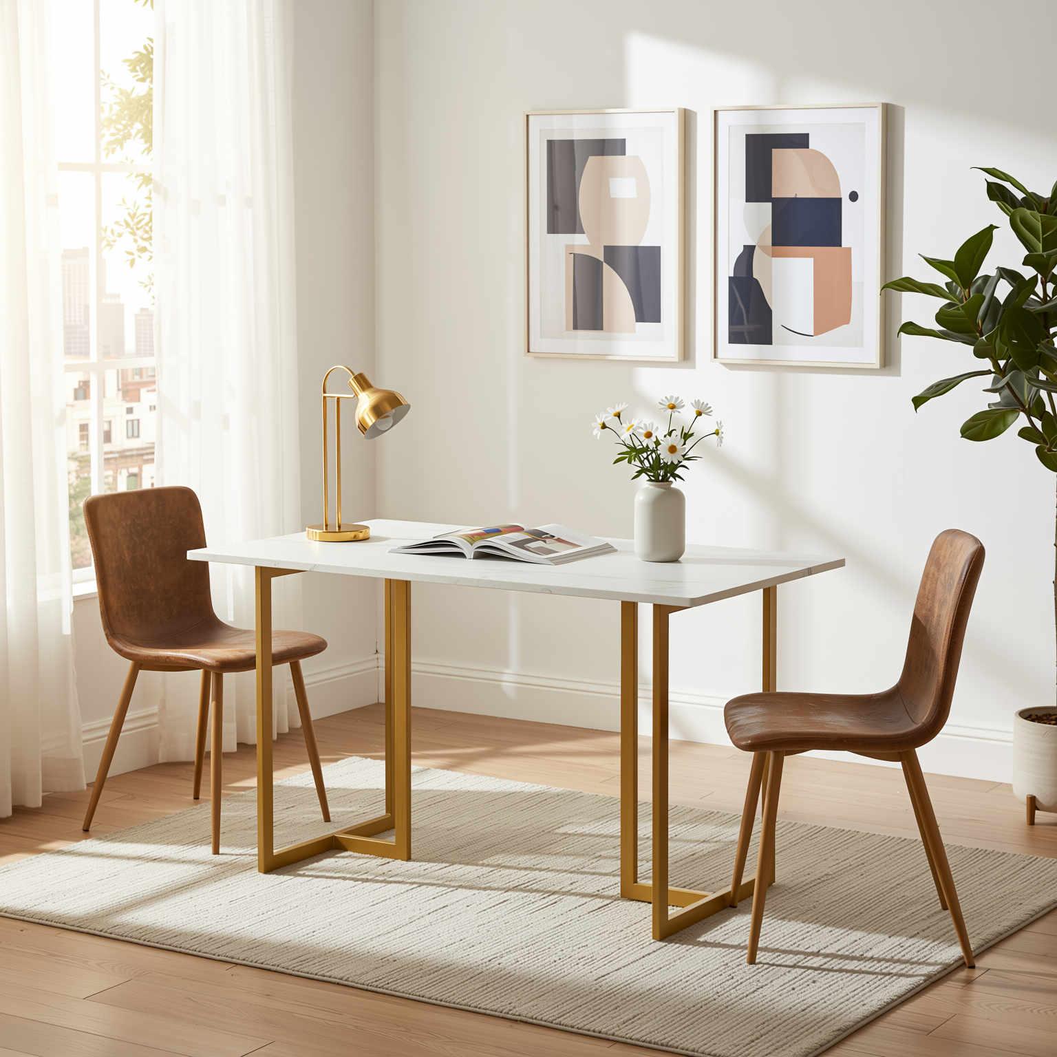 Homy Casa Slip 3PC White Marble Dining Set 55” Table with Golden Base and 2 Scargill Vintage Brown Chairs