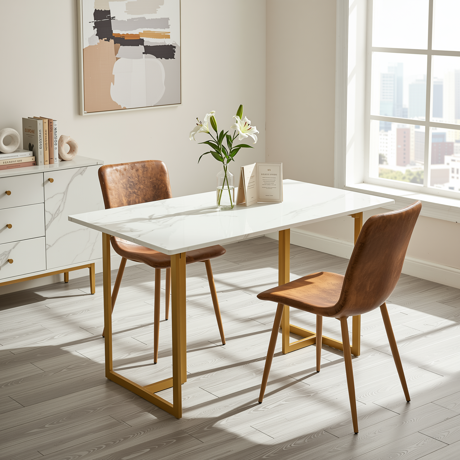 Homy Casa Slip 3PC White Marble Dining Set 55” Table with Golden Base and 2 Scargill Vintage Brown Chairs