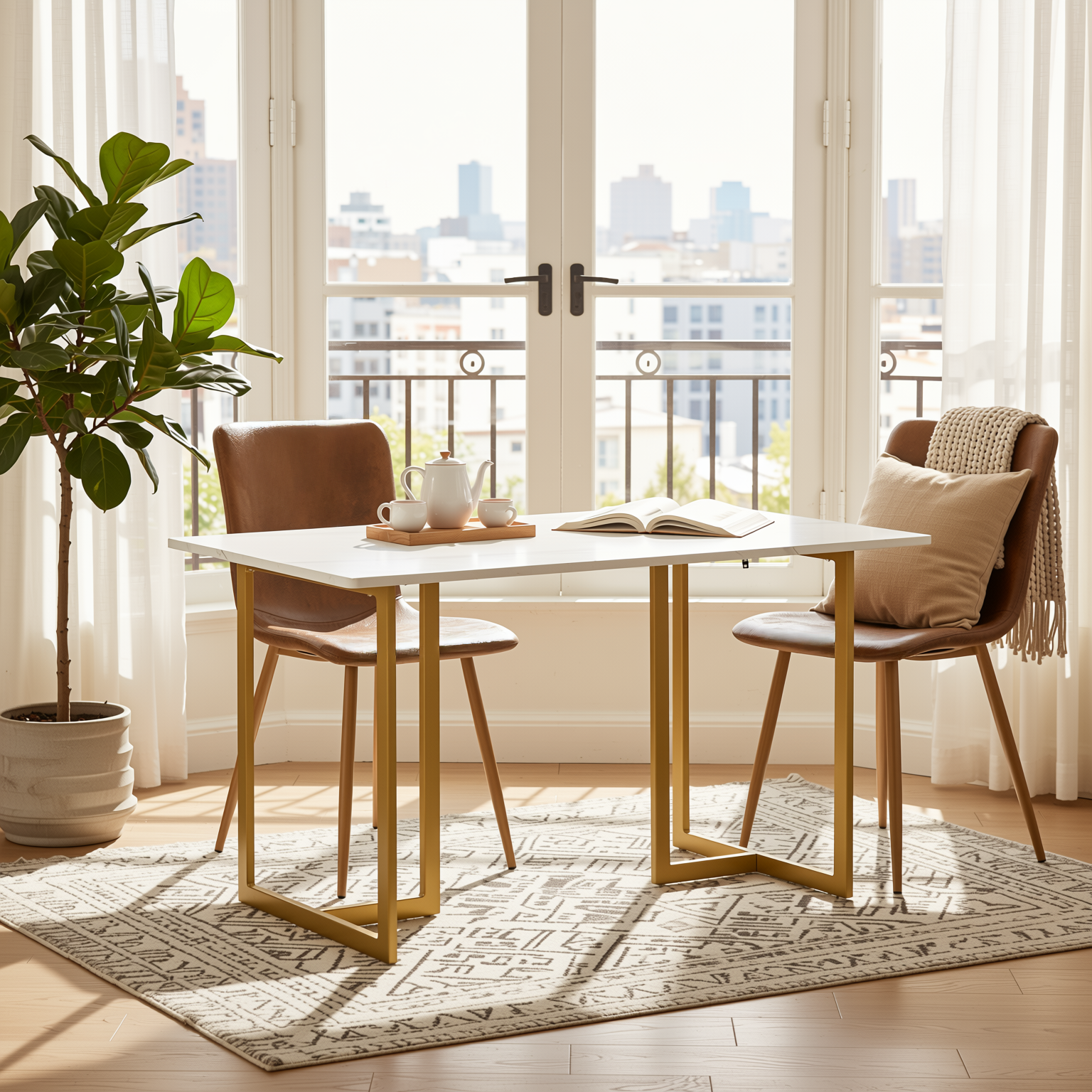 Homy Casa Slip 3PC White Marble Dining Set 55” Table with Golden Base and 2 Scargill Vintage Brown Chairs