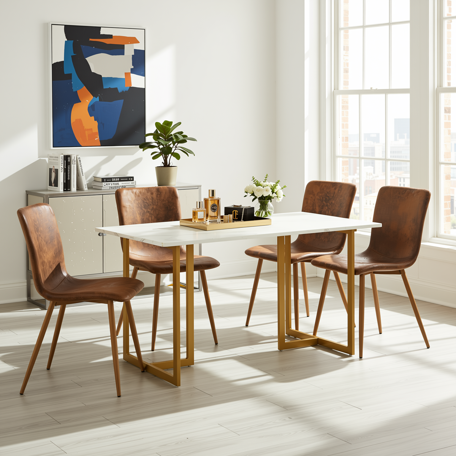 Homy Casa Slip 5PC White Marble Dining Set 55” Table with Golden Base and 4 Scargill Vintage Brown Chairs