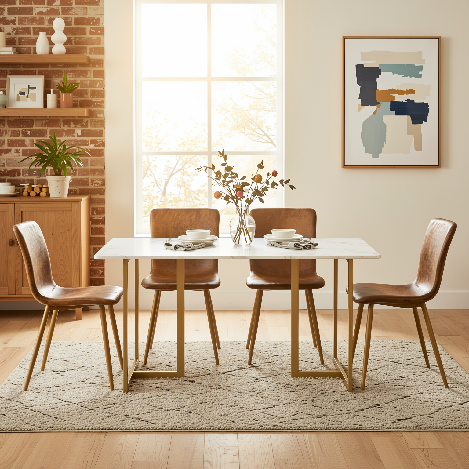 Homy Casa Slip 5PC White Marble Dining Set 55” Table with Golden Base and 4 Scargill Vintage Brown Chairs