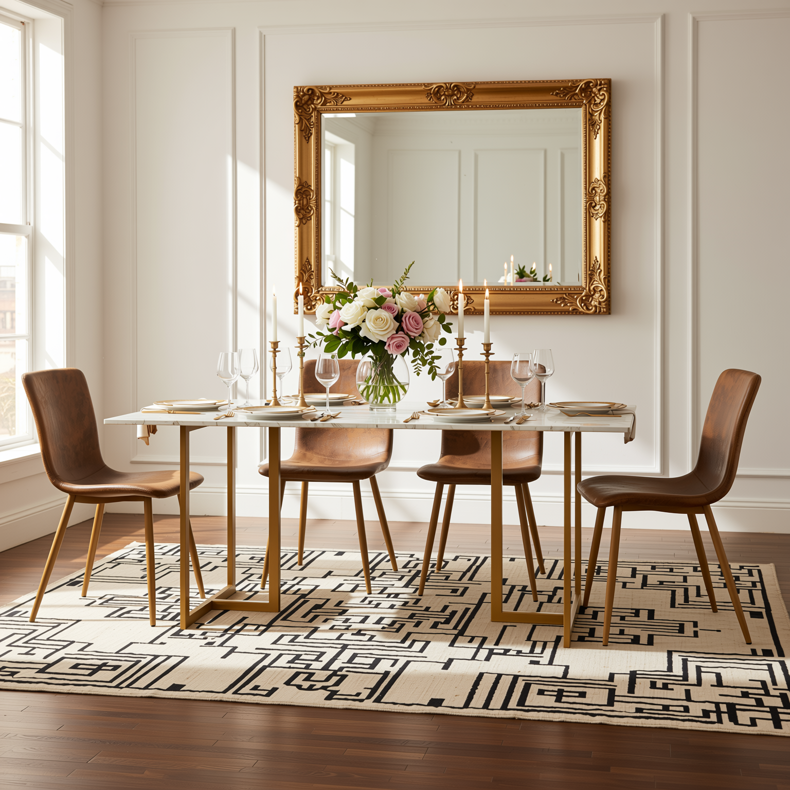 Homy Casa Slip 5PC White Marble Dining Set 55” Table with Golden Base and 4 Scargill Vintage Brown Chairs