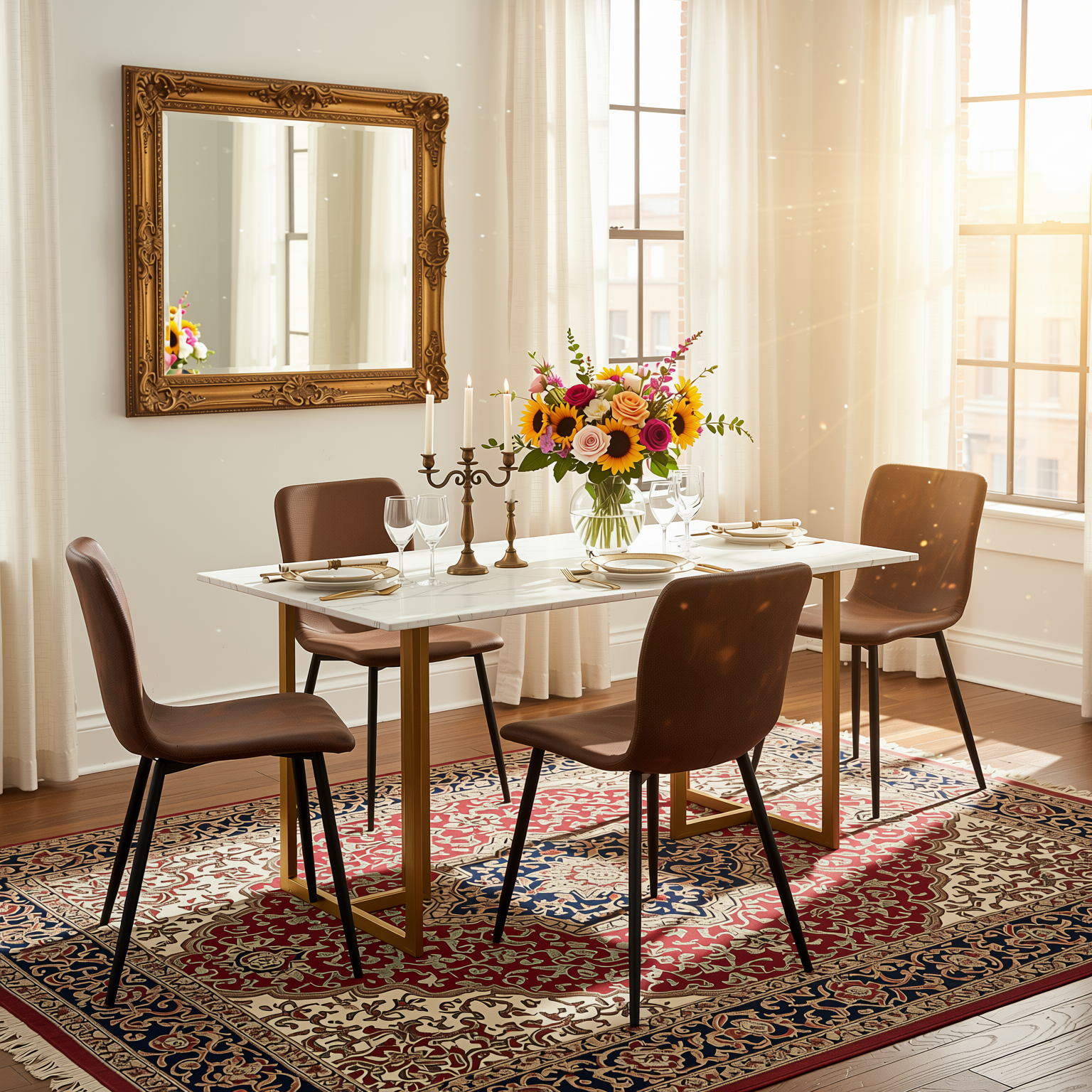 Homy Casa Slip 5PC White Marble Dining Set 55" Gold Base Table with 4 Scargill Suede Brown Chairs Modern Luxury Style