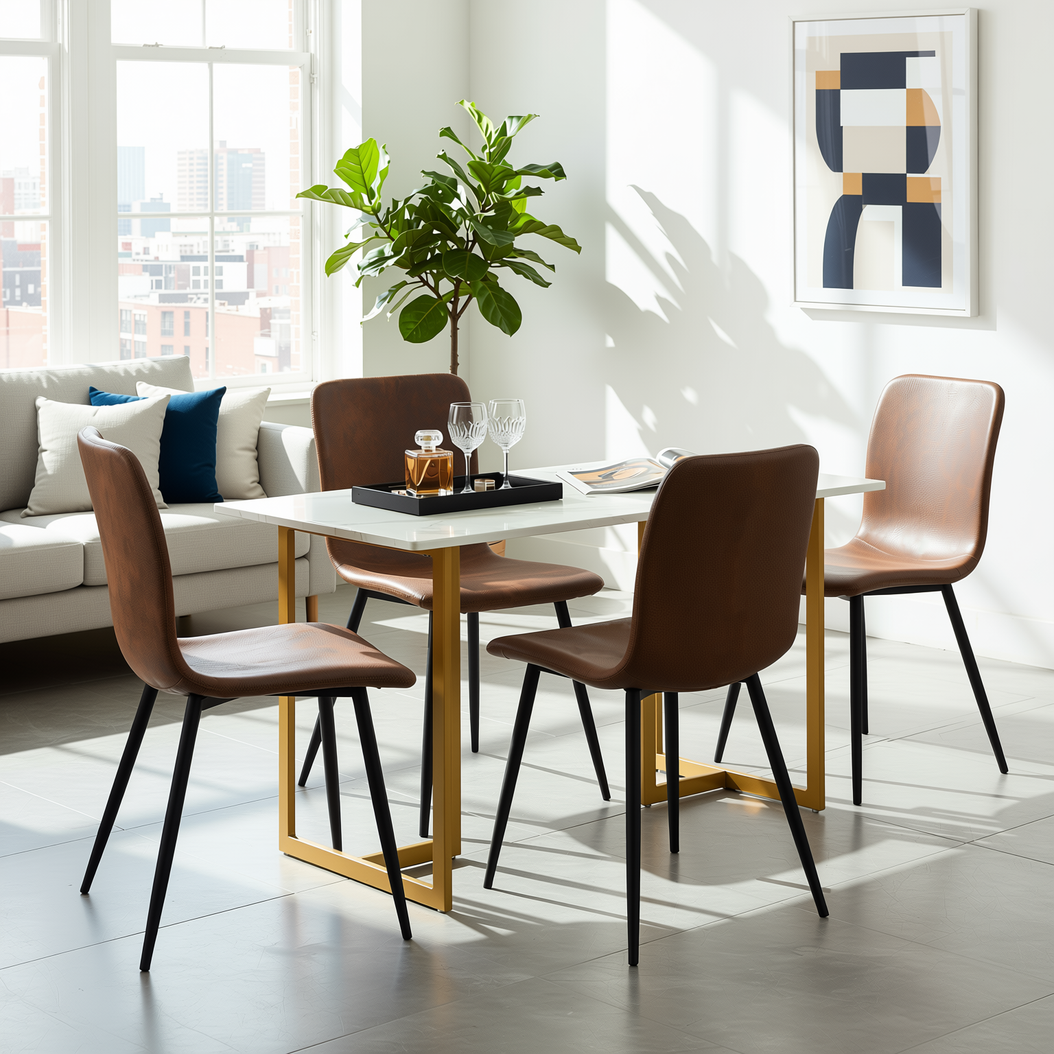 Homy Casa Slip 5PC White Marble Dining Set 55" Gold Base Table with 4 Scargill Suede Brown Chairs Modern Luxury Style