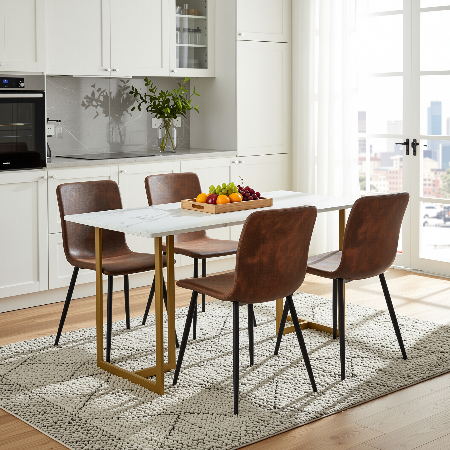 Homy Casa Slip 5PC White Marble Dining Set 55" Gold Base Table with 4 Scargill Suede Brown Chairs Modern Luxury Style