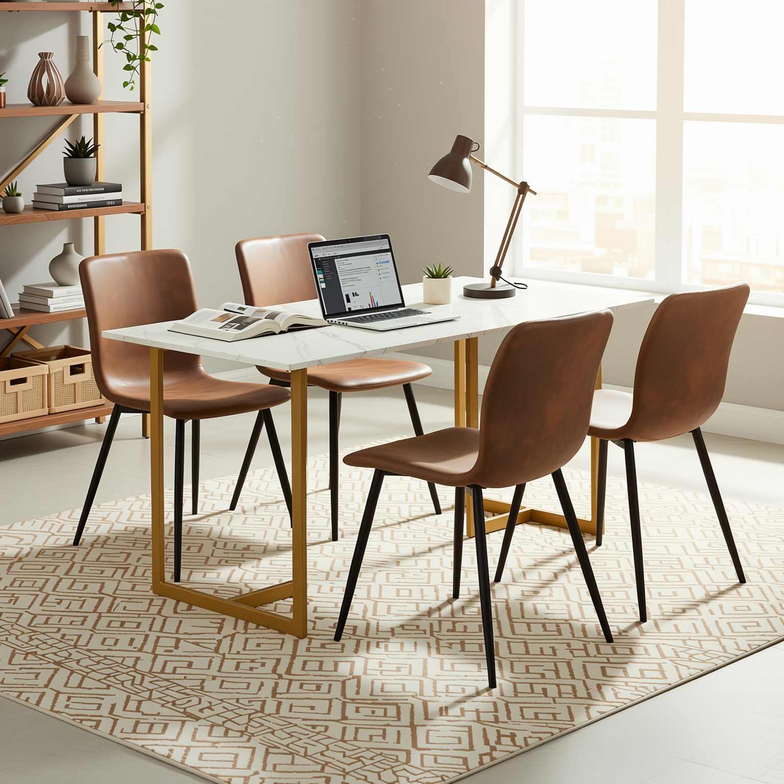 Homy Casa Slip 5PC White Marble Dining Set 55" Gold Base Table with 4 Scargill Suede Brown Chairs Modern Luxury Style