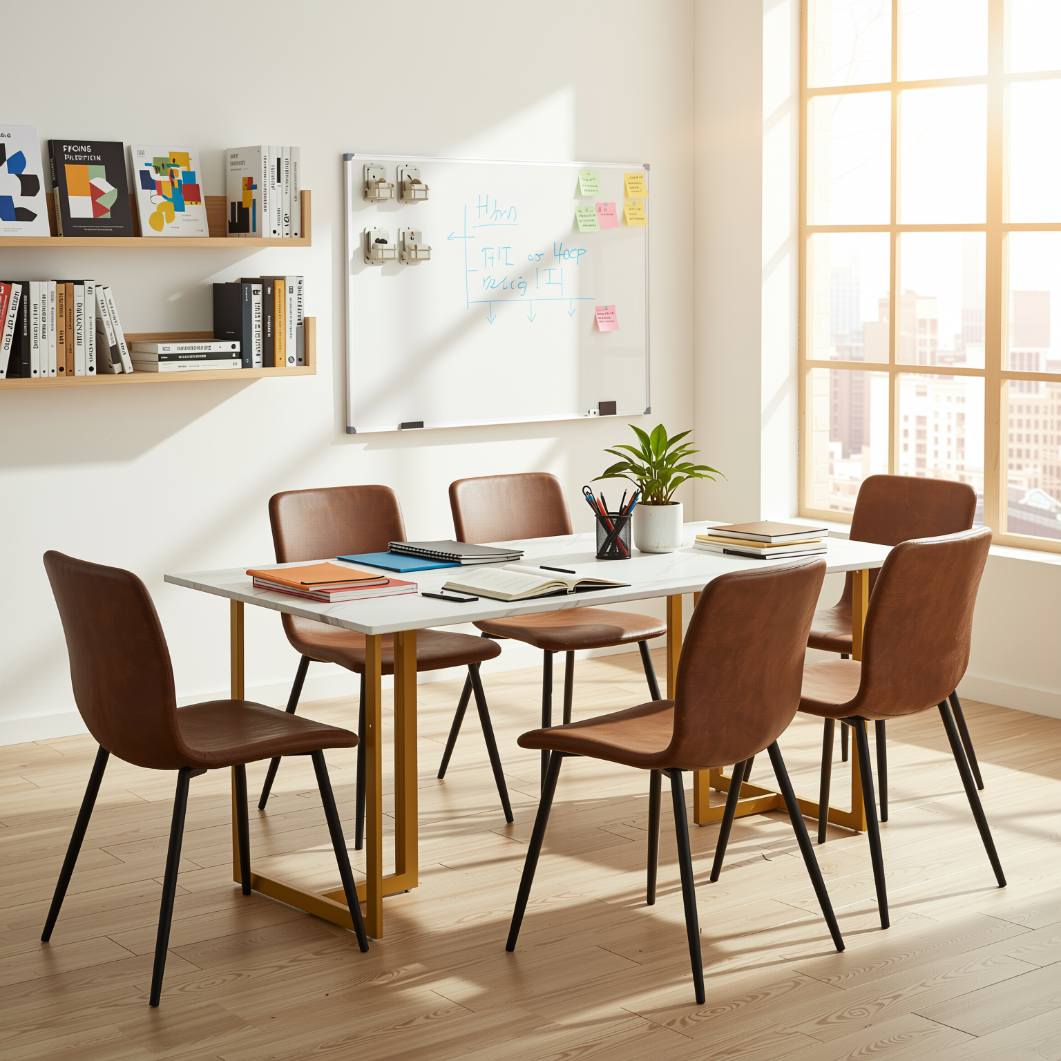 Homy Casa Slip 7PC White Marble Dining Set 55” Table with Golden Base and 6 Scargill Chairs in Suede Brown