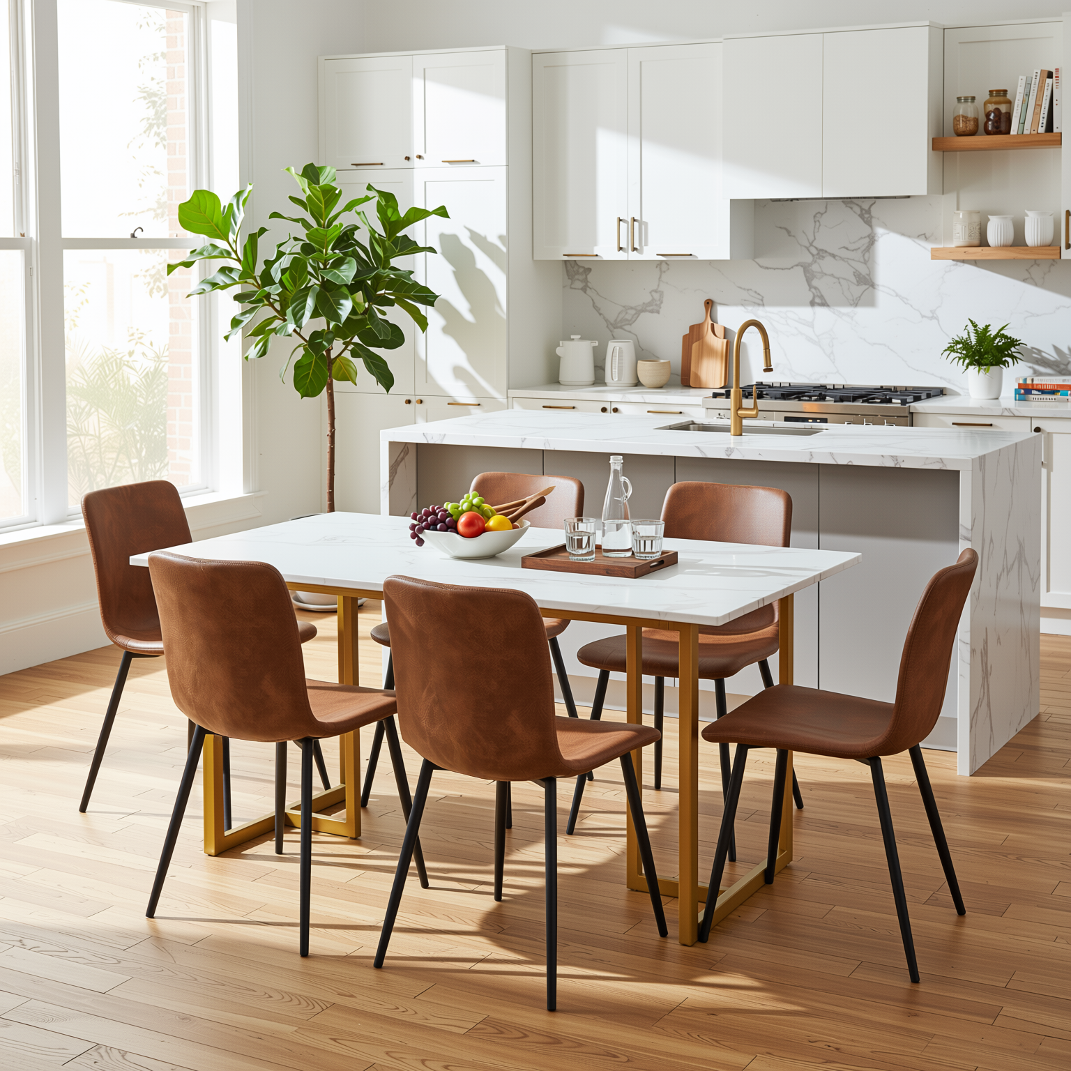 Homy Casa Slip 7PC White Marble Dining Set 55” Table with Golden Base and 6 Scargill Chairs in Suede Brown