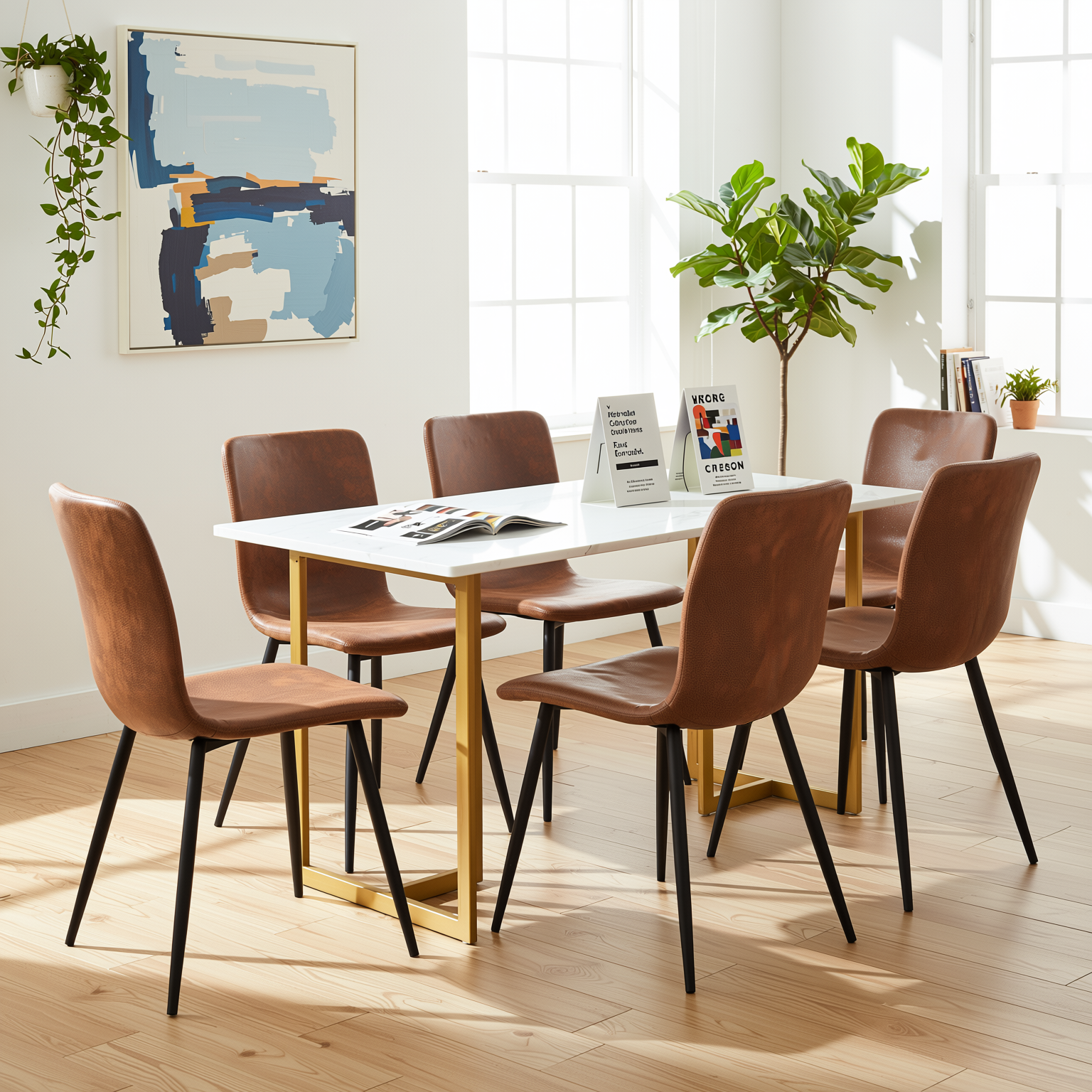 Homy Casa Slip 7PC White Marble Dining Set 55” Table with Golden Base and 6 Scargill Chairs in Suede Brown