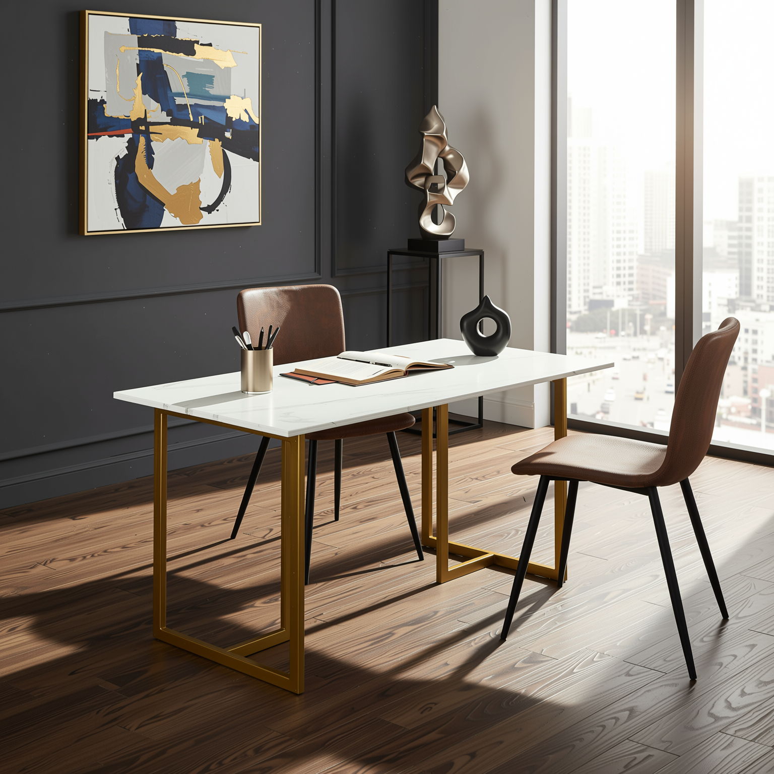 Homy Casa Slip 3PC White Marble Dining Set 55” Table with Golden Base and 2 Scargill Chairs in Suede Brown