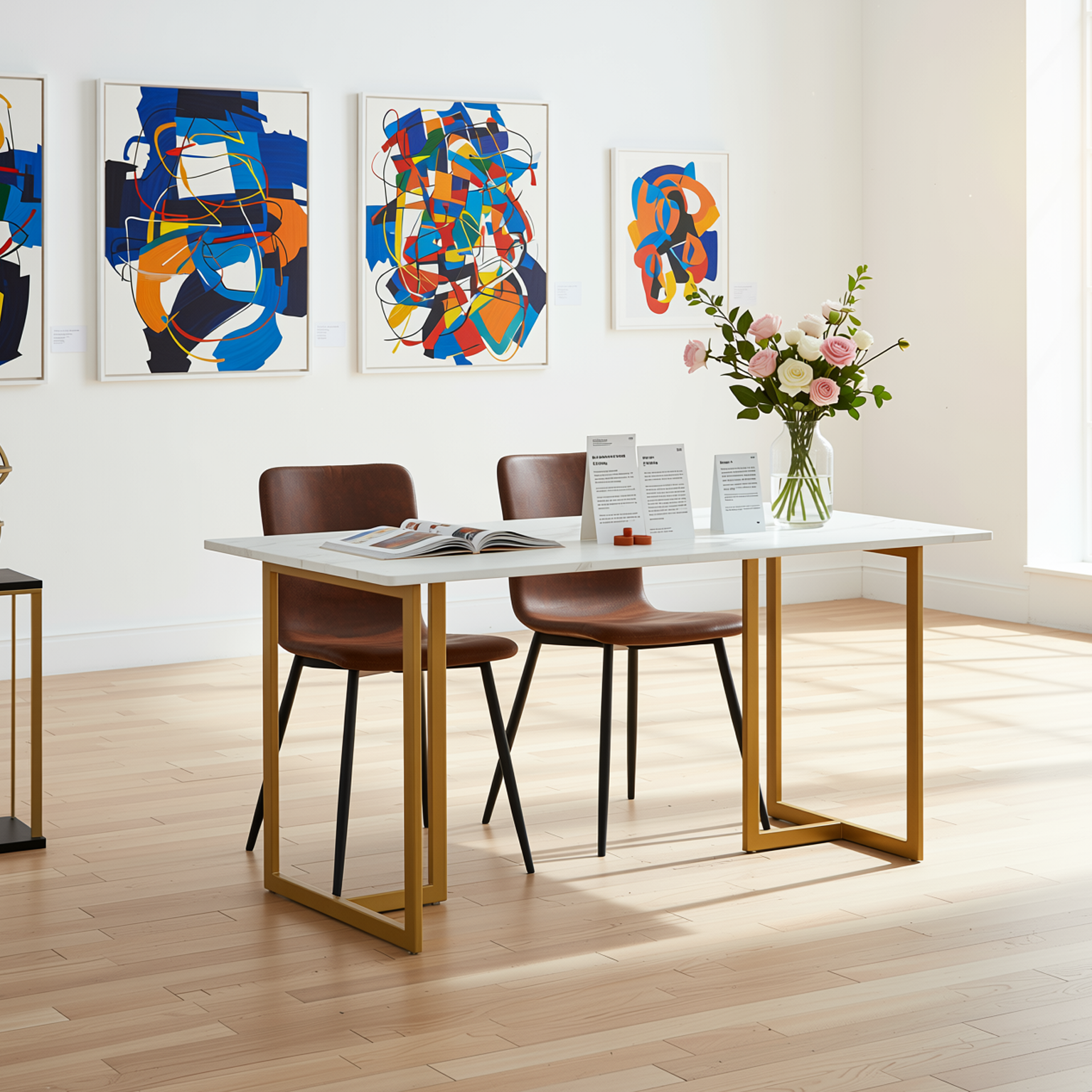 Homy Casa Slip 3PC White Marble Dining Set 55” Table with Golden Base and 2 Scargill Chairs in Suede Brown