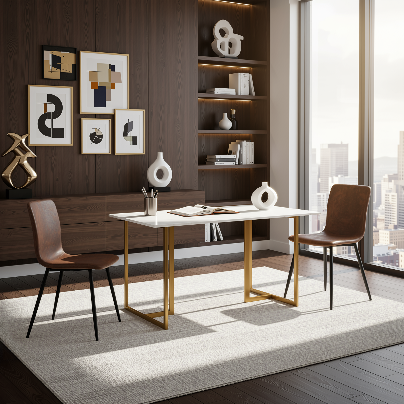Homy Casa Slip 3PC White Marble Dining Set 55” Table with Golden Base and 2 Scargill Chairs in Suede Brown
