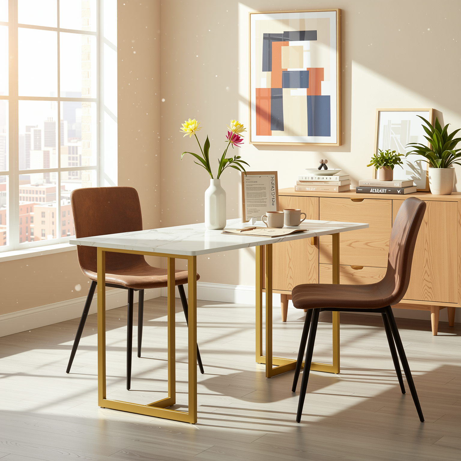 Homy Casa Slip 3PC White Marble Dining Set 55” Table with Golden Base and 2 Scargill Chairs in Suede Brown