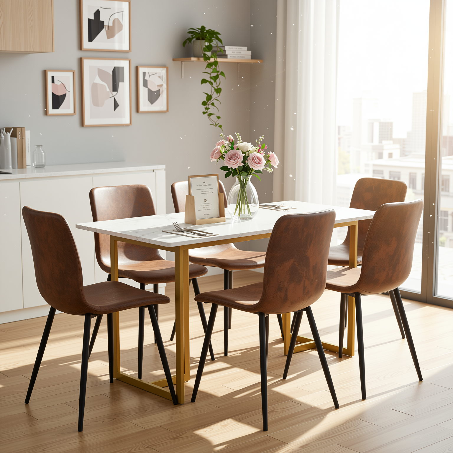 Homy Casa Slip 7PC White Marble Dining Set 55” Table with Golden Base and 6 Scargill Chairs in Suede Brown