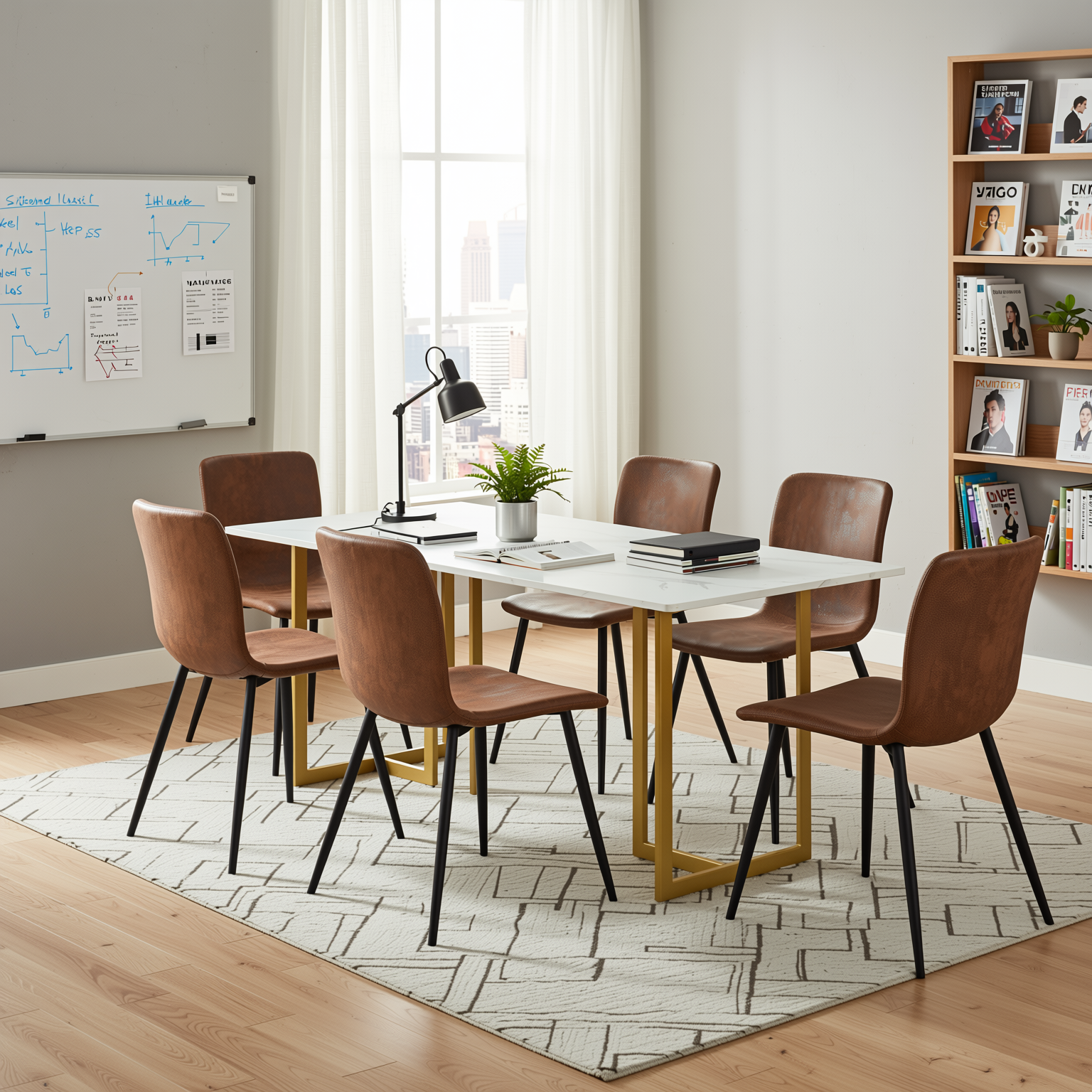 Homy Casa Slip 7PC White Marble Dining Set 55” Table with Golden Base and 6 Scargill Chairs in Suede Brown
