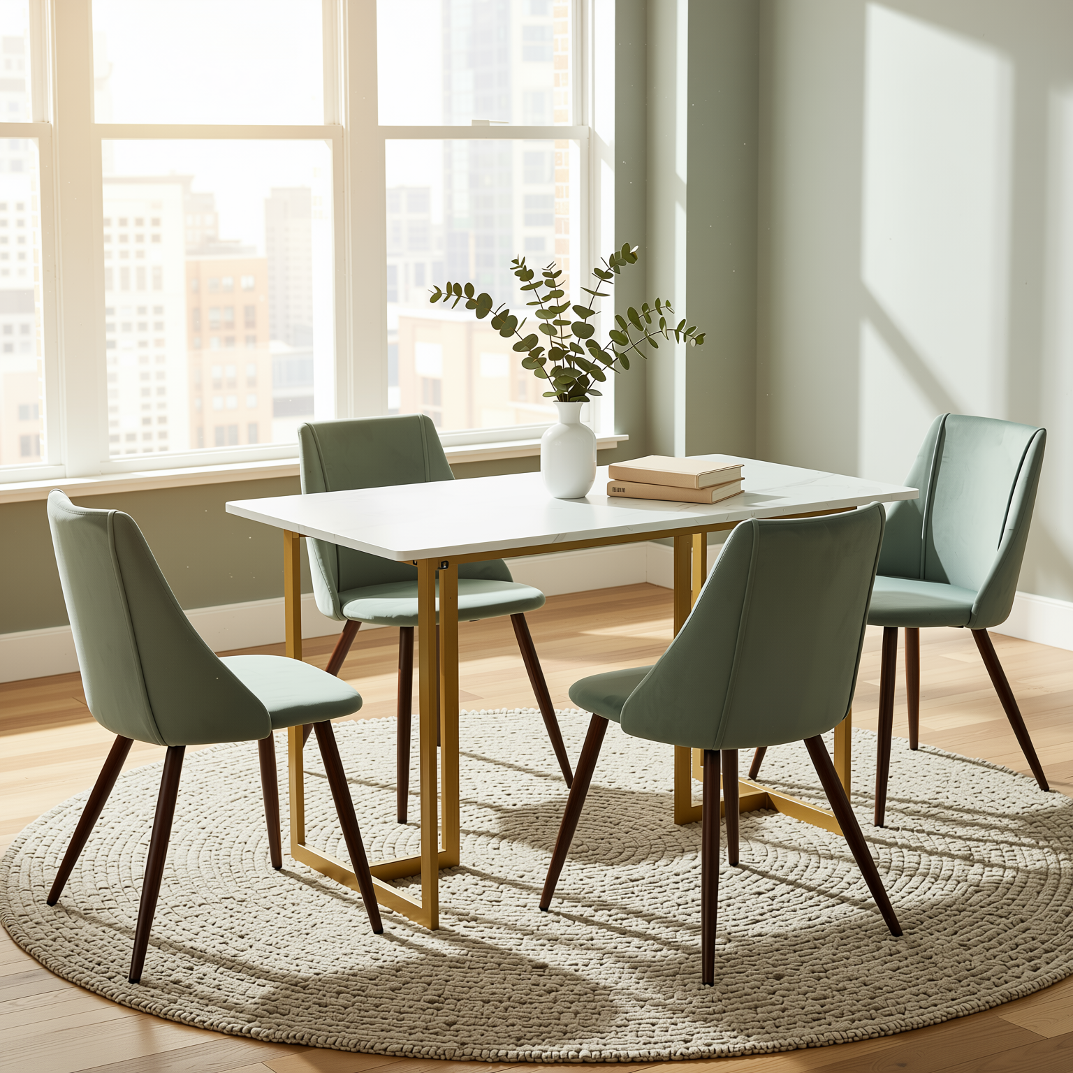 Homy Casa Slip 5PC White Marble Dining Set 55” Table with Gold Base and 4 Smeg Velvet Chairs in Cactus Green