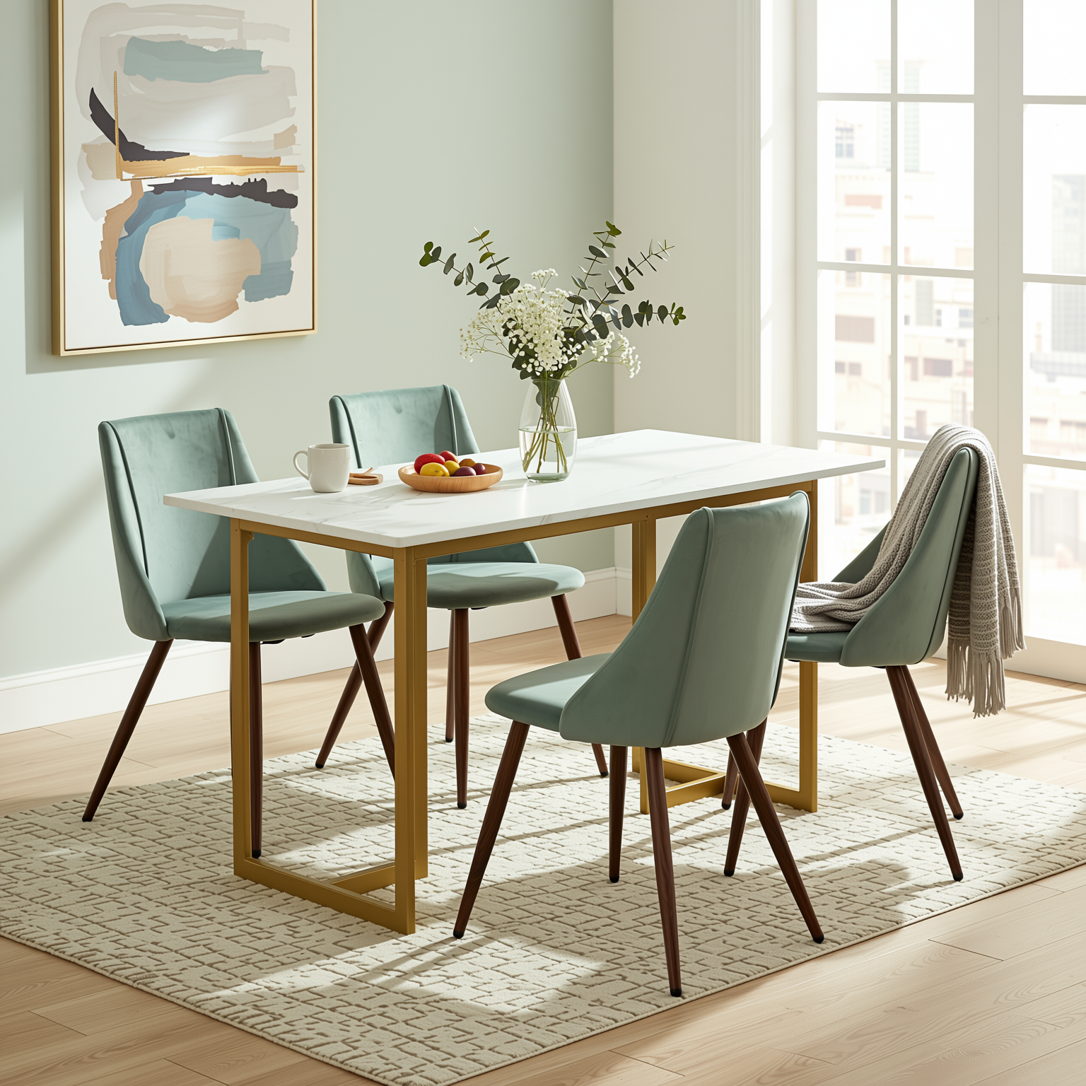 Homy Casa Slip 5PC White Marble Dining Set 55” Table with Gold Base and 4 Smeg Velvet Chairs in Cactus Green