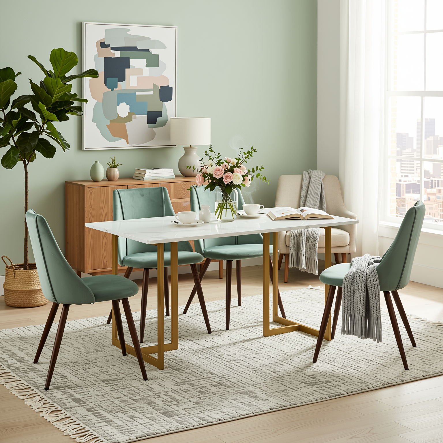 Homy Casa Slip 5PC White Marble Dining Set 55” Table with Gold Base and 4 Smeg Velvet Chairs in Cactus Green