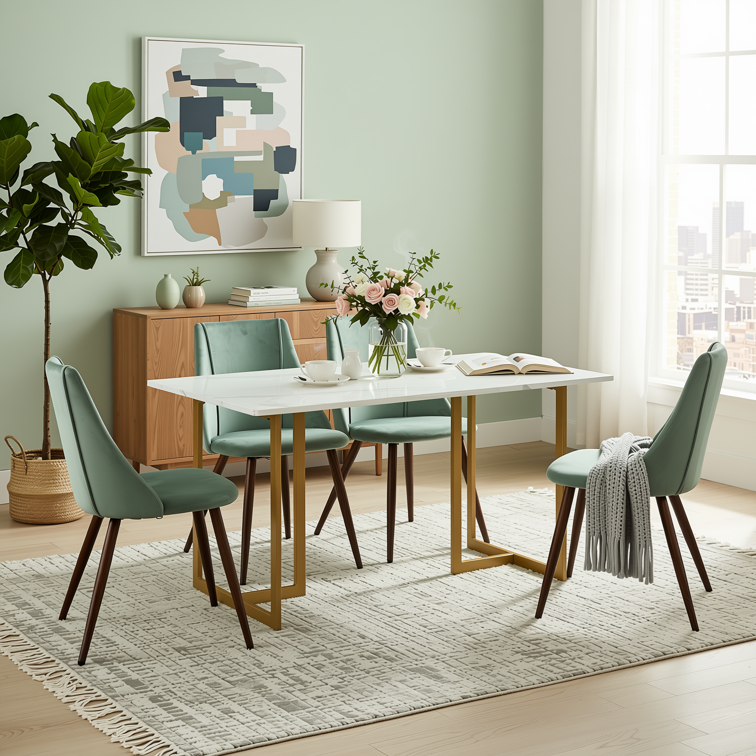 Homy Casa Slip 5PC White Marble Dining Set 55” Table with Gold Base and 4 Smeg Velvet Chairs in Cactus Green