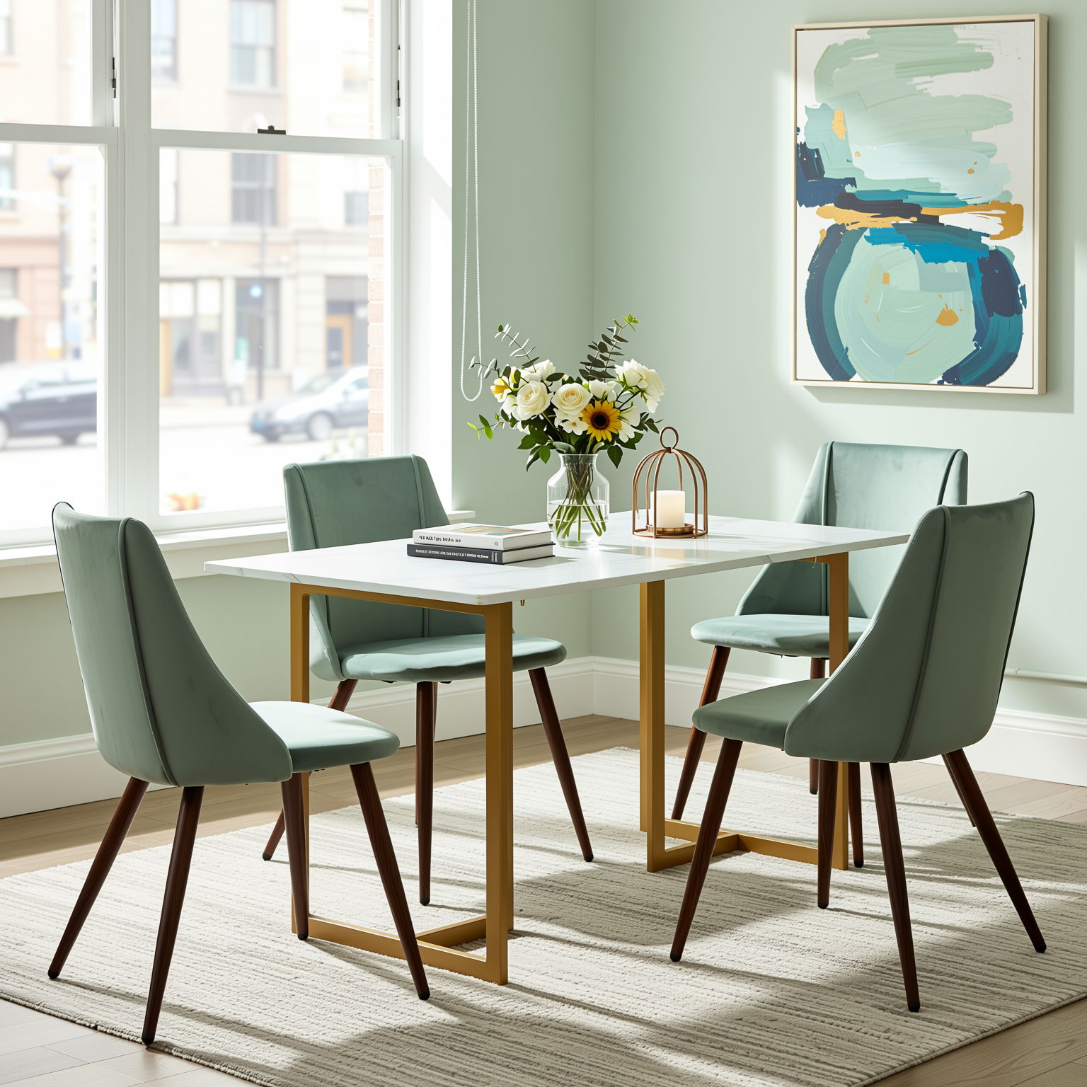Homy Casa Slip 5PC White Marble Dining Set 55” Table with Gold Base and 4 Smeg Velvet Chairs in Cactus Green